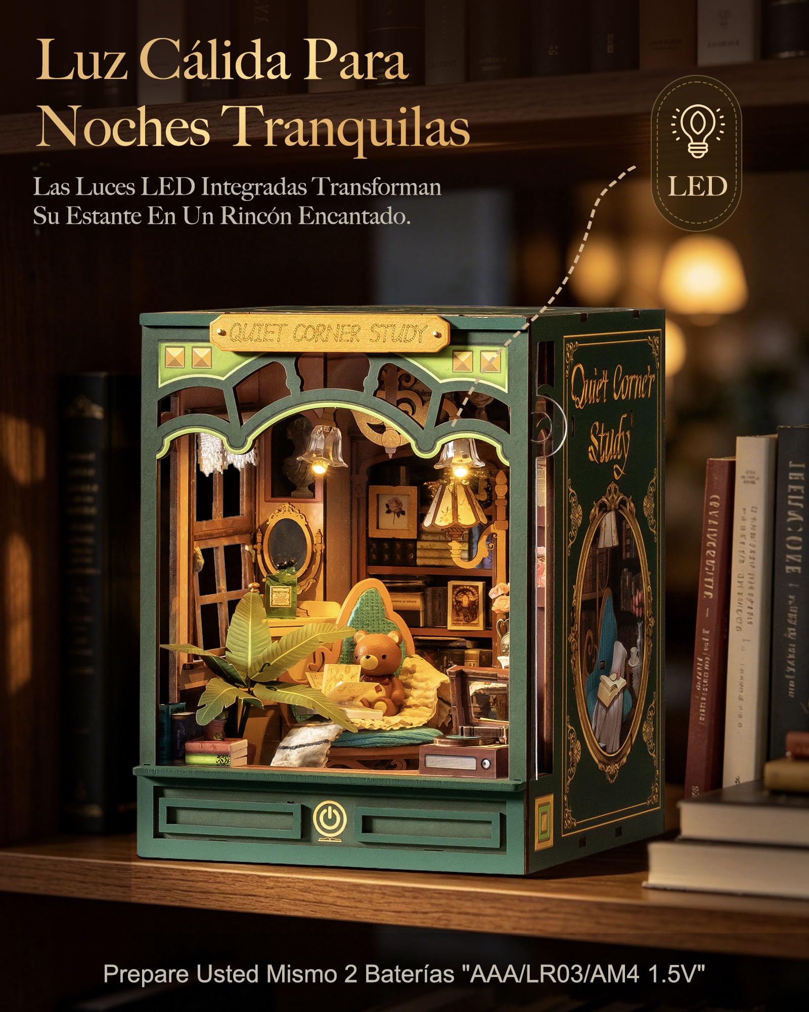 Rolife DIY Miniature House Kit Book Nook Puzzle Madera 3D Adultos con Luces Casas Miniaturas para Montar Decoracion Hogar Libro Maquetas Madera para Construir Regalo Creativo (Quiet Corner Study)