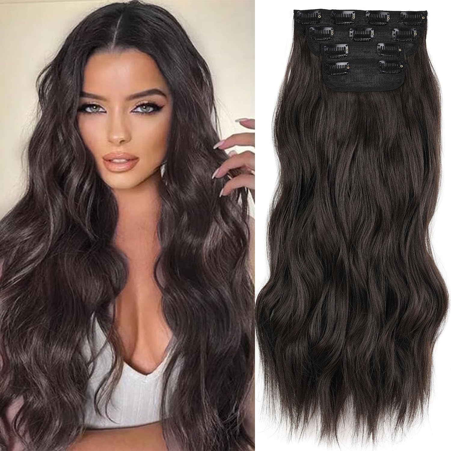 Mscat 20 Inch Wavy Clip-in Hair Extensions - Dark Brown Synthetic Hair Pieces, 4PCS Full Head Set, Thick Curly