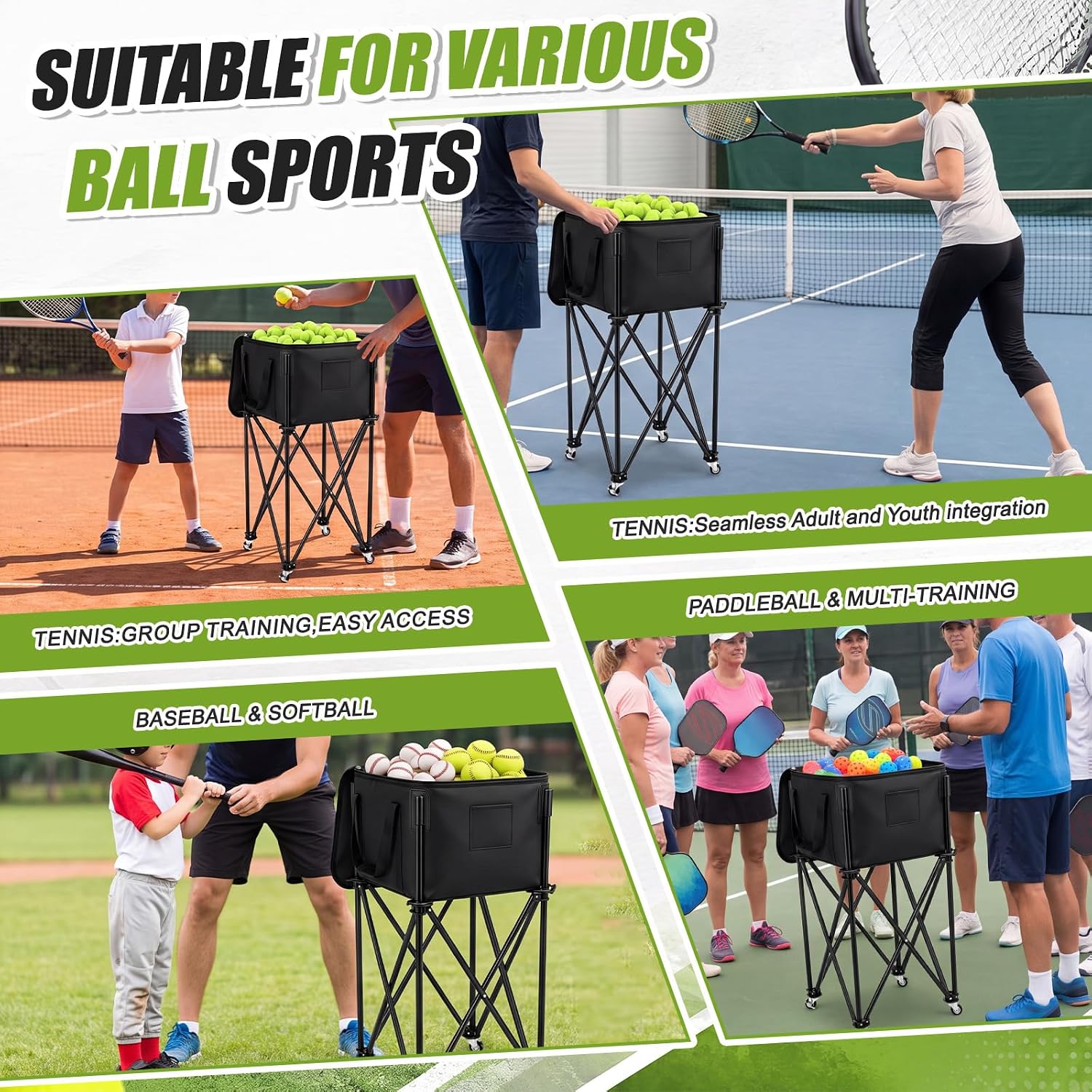 Soulchen Foldable Tennis Ball Cart Holds 200 Tennis Portable Hopper Basket with Wheels Lid Storage Bag Large Capacity Pickup Hopper Dinkball Holder Cart for Baseball Softball Paddleball Training