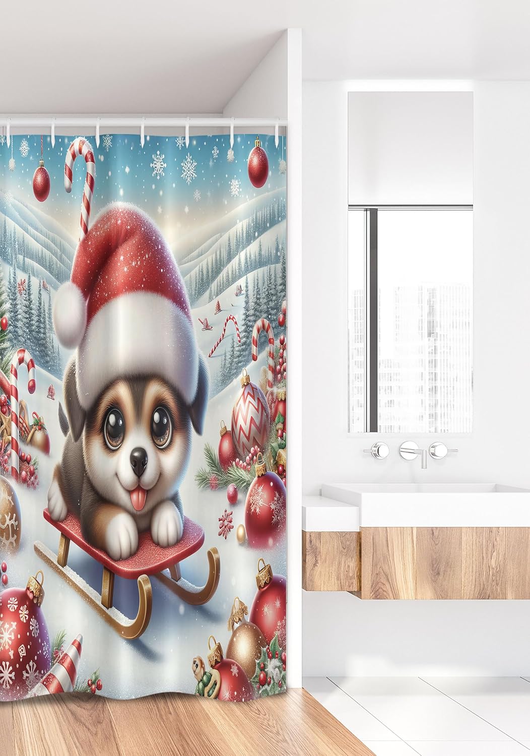 Ambesonne Christmas Stall Shower Curtain, Dog with Santa Hat and Big Innocent Eyes Holiday Joy Snowy Mountains, Fabric Bathroom Decor Set with Hooks, 36" W x 72" L, Dark Pink Blue Brown