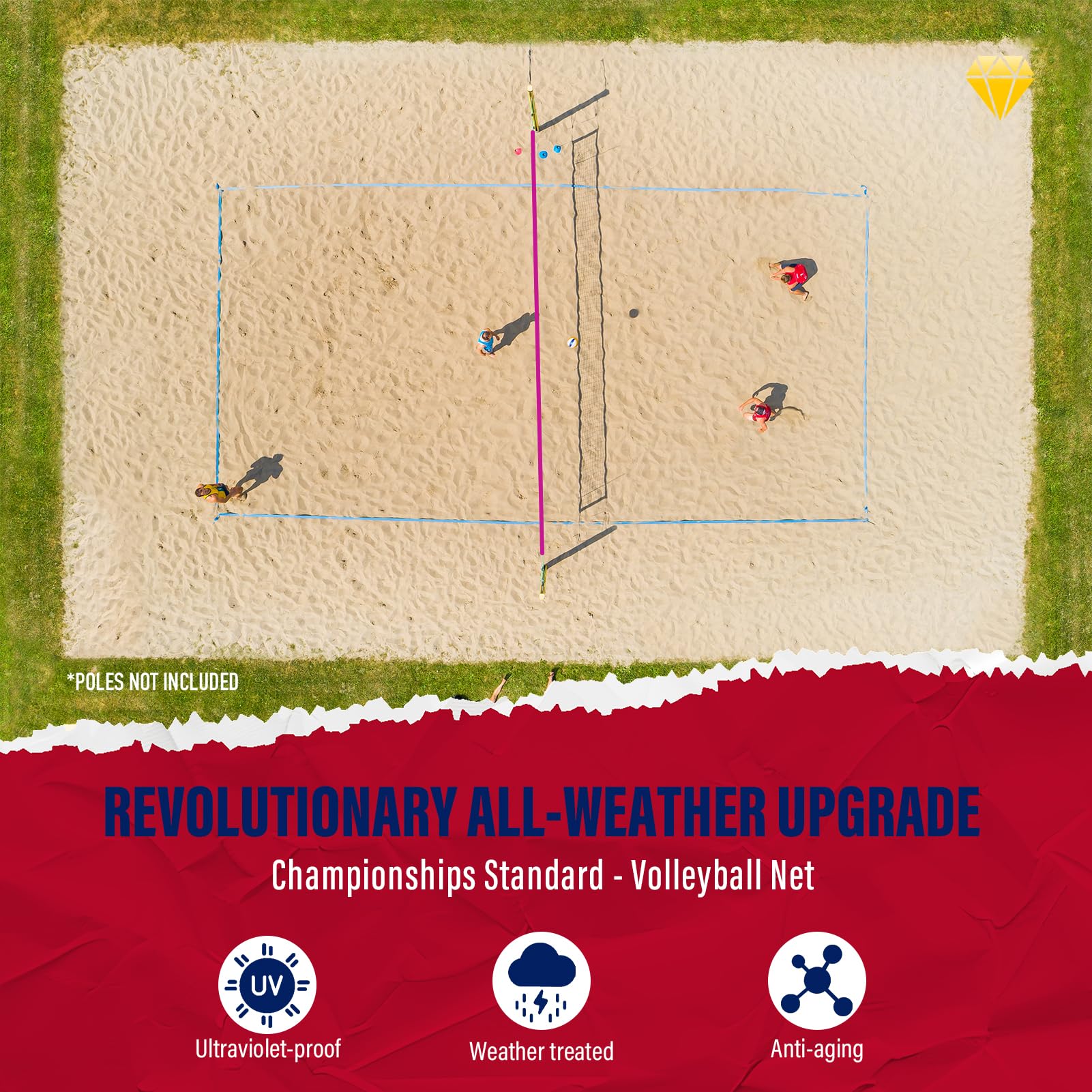Red de voleibol profesional resistente para exteriores, rendimiento climático mejorado con cable de acero de alta resistencia de 46 pies, bordes reforzados, ideal para interiores y exteriores,