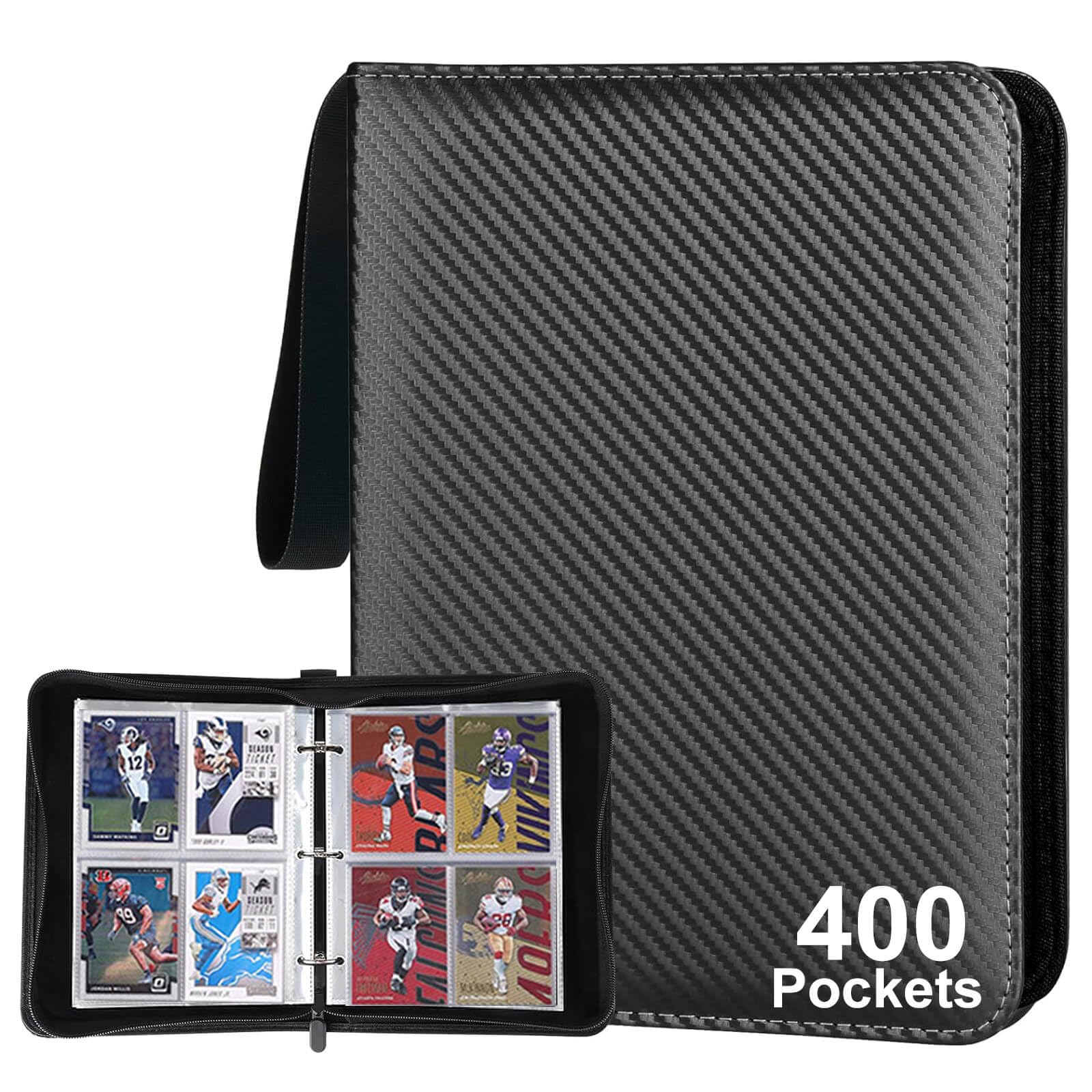 Trading Card Binder 4-Pockets, Trading Card Album Can Hold 400 Cards with 50 Removable Sleeves, 3-Ring Zipper Trading Card Holder for for TCG CCG Card Storage
