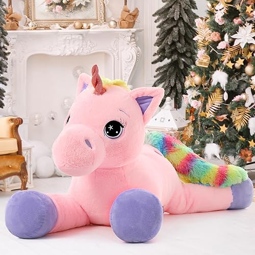 Miniatura 5 de Tezituor Juguetes de peluche de unicornio gigante de 43 pulgadas, animales de peluche de unicornio rosa grande, bonitas decoraciones de cumpleaños