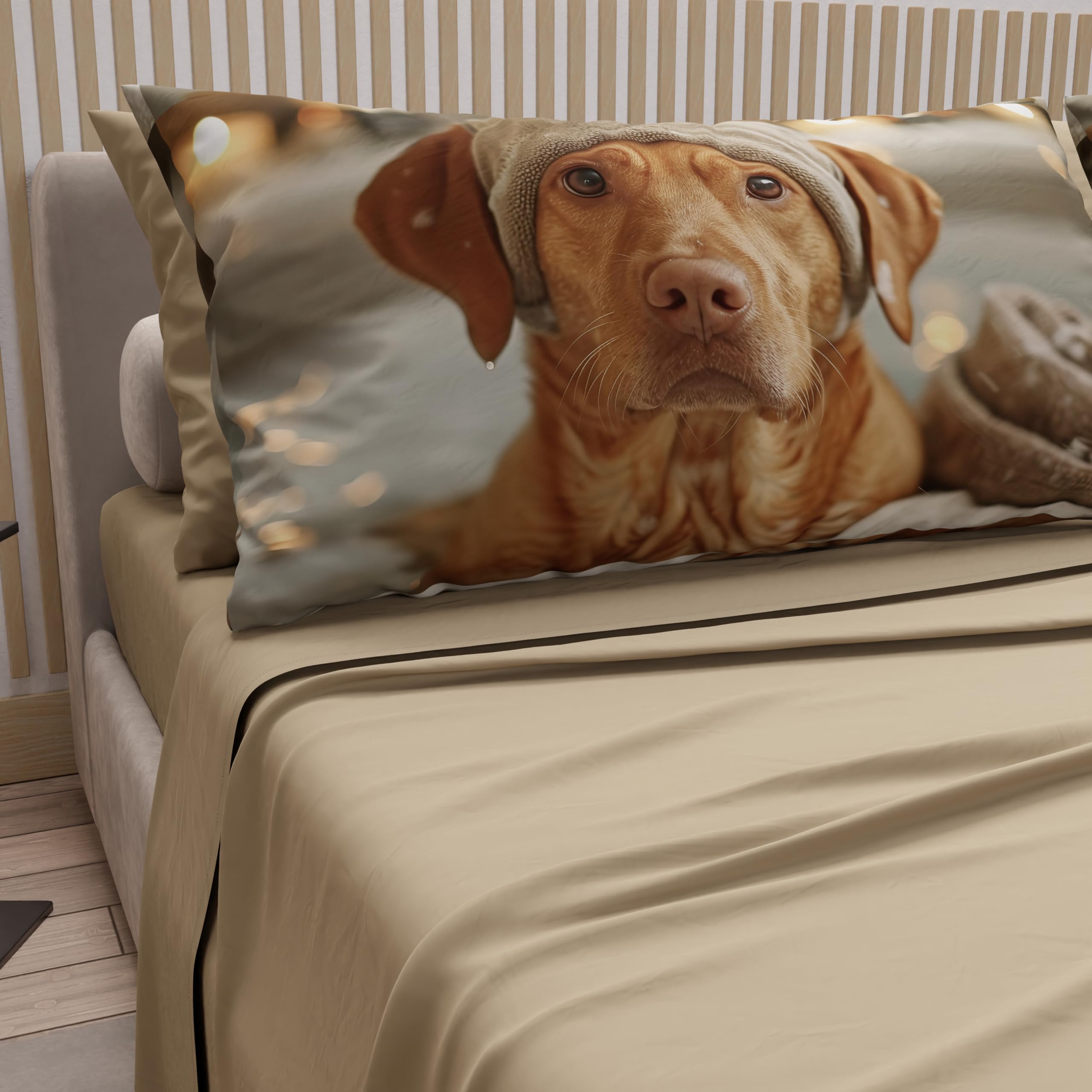 PETTI Artigiani Italiani, Animal Bed Linen with Dogs in Cotton with Pillowcases in Digital Print, Double Bed Sheet, Taupe