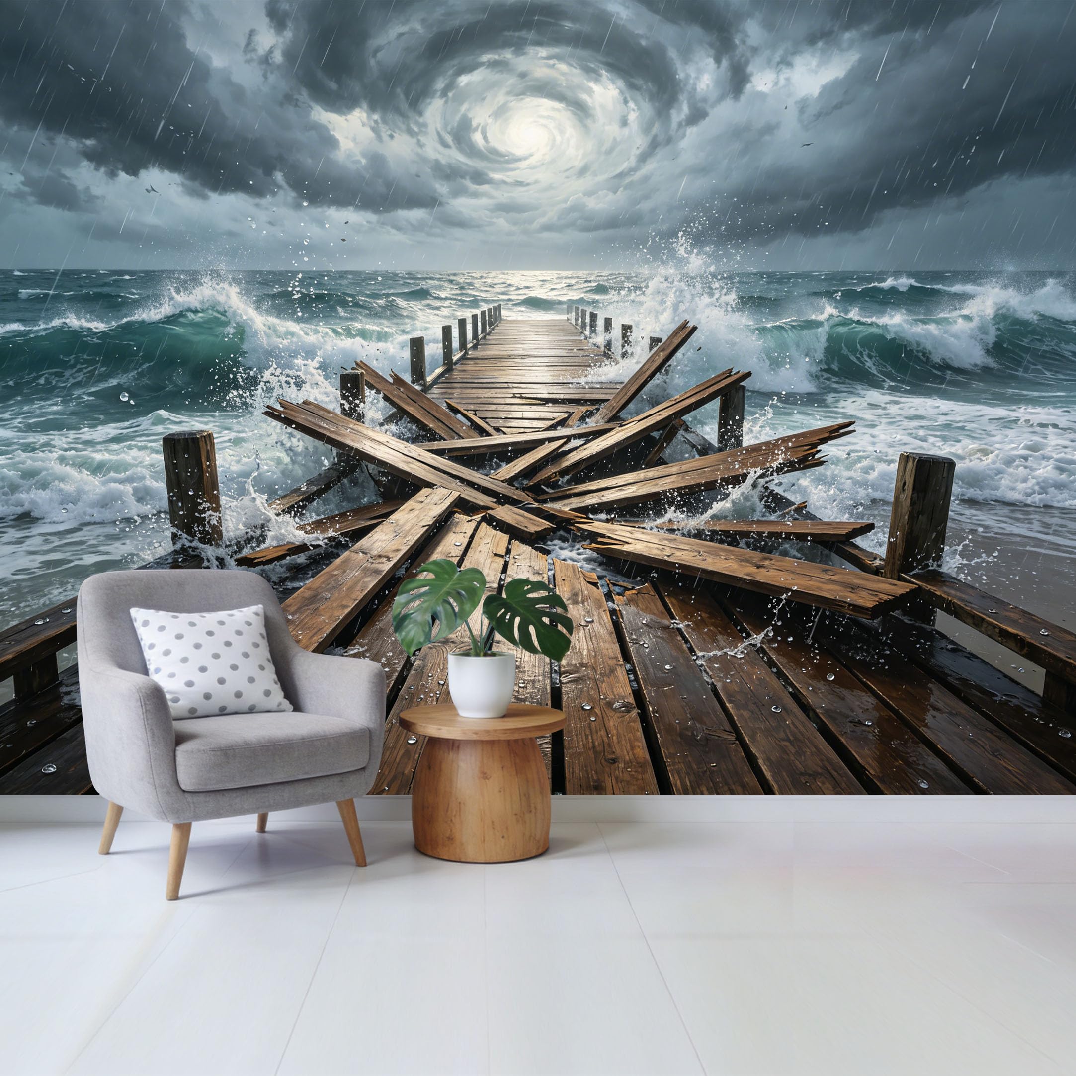 Custom Size Wall Mural Ocean Storm Broken Pier Waves Dramatic Coastal Seascape Removable Self Adhesive Fabric Home Wall Decor for Living Room Bedroom Bathroom