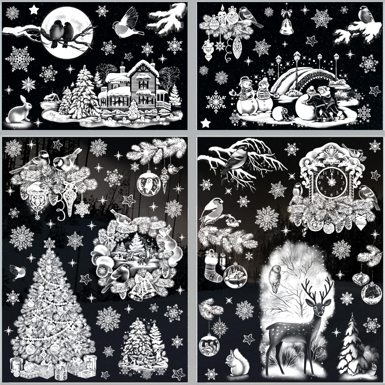Fassory White Christmas Window Stickers Scene 9 Sheets 142 Pcs Reusable Xmas Window Clings Double Sided Decals (Christmas Time)