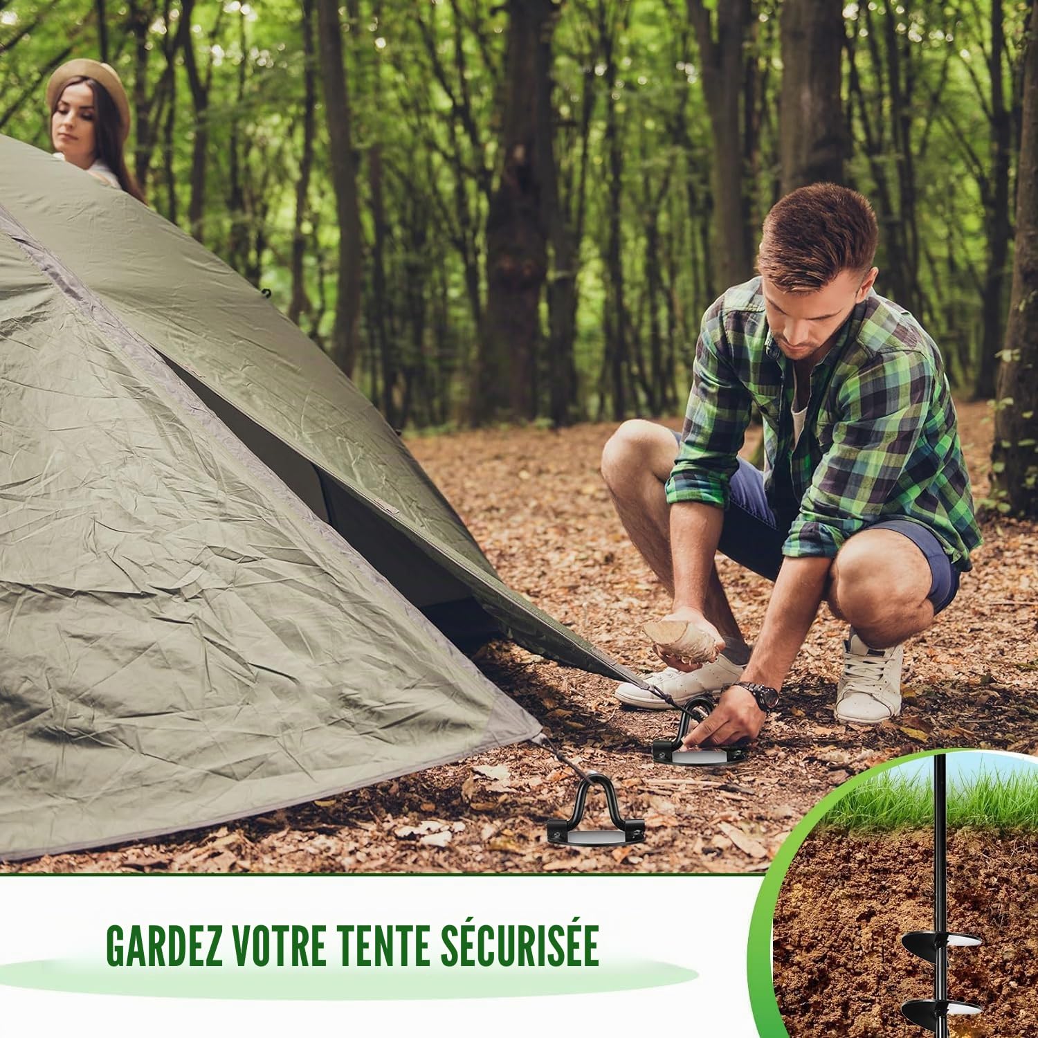 Ancrage Pour Trampoline, Fixation Trampoline Sol, Kit Encrage Trampoline Exterieur, Sangle réglable - Adaptateur de perçage - Aide à la rotation - Kit d'ancrage robuste pour tentes, balançoires