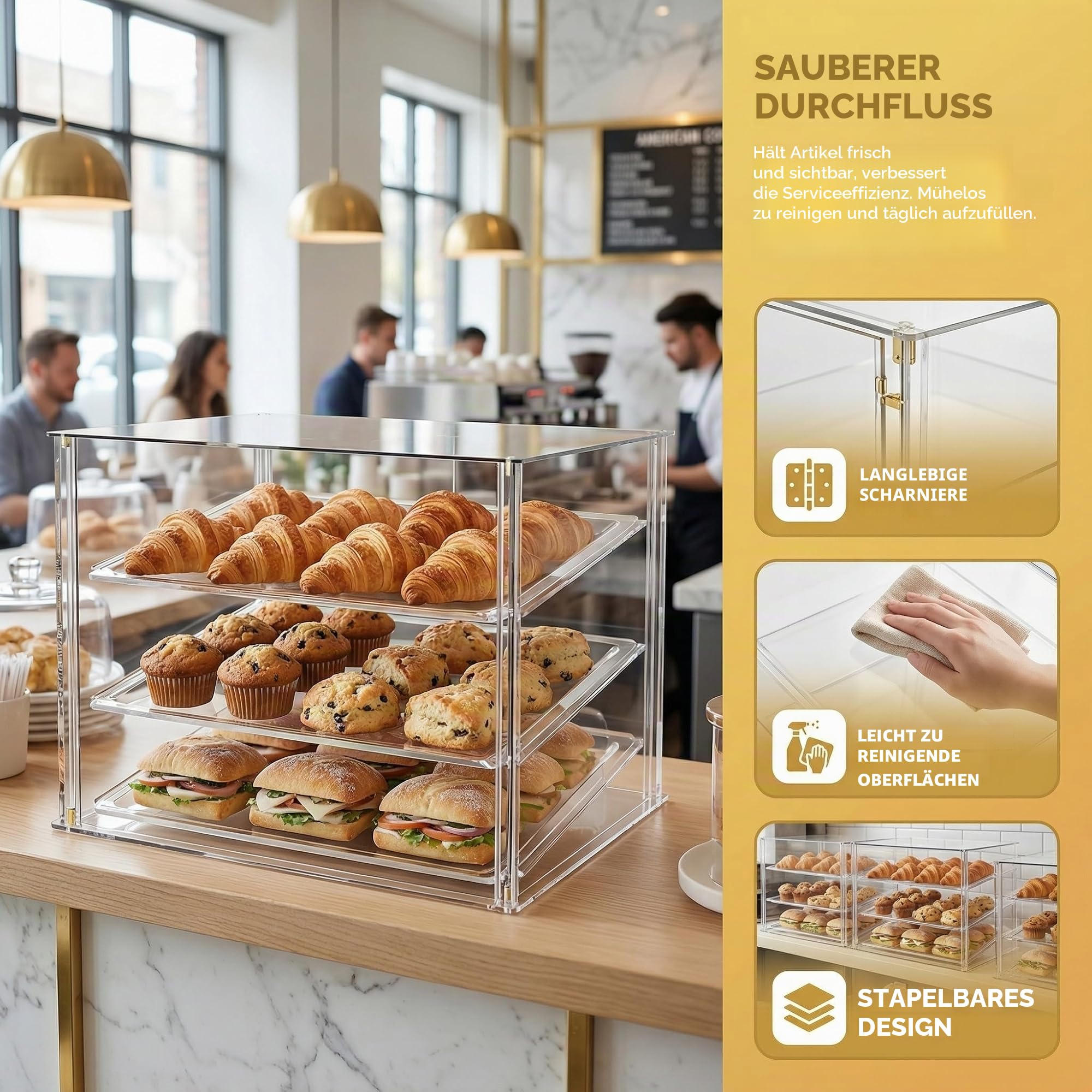 Bäckerei-Vitrine mit 3 Ablagen und magnetischen Hintertüren, 52,8 x 40,1 x 42,9 cm, Acryl-Gebäckvitrine mit abnehmbaren Tabletts und Stahlzange, Lebensmittelvitrine für Donut-Brotkuchen