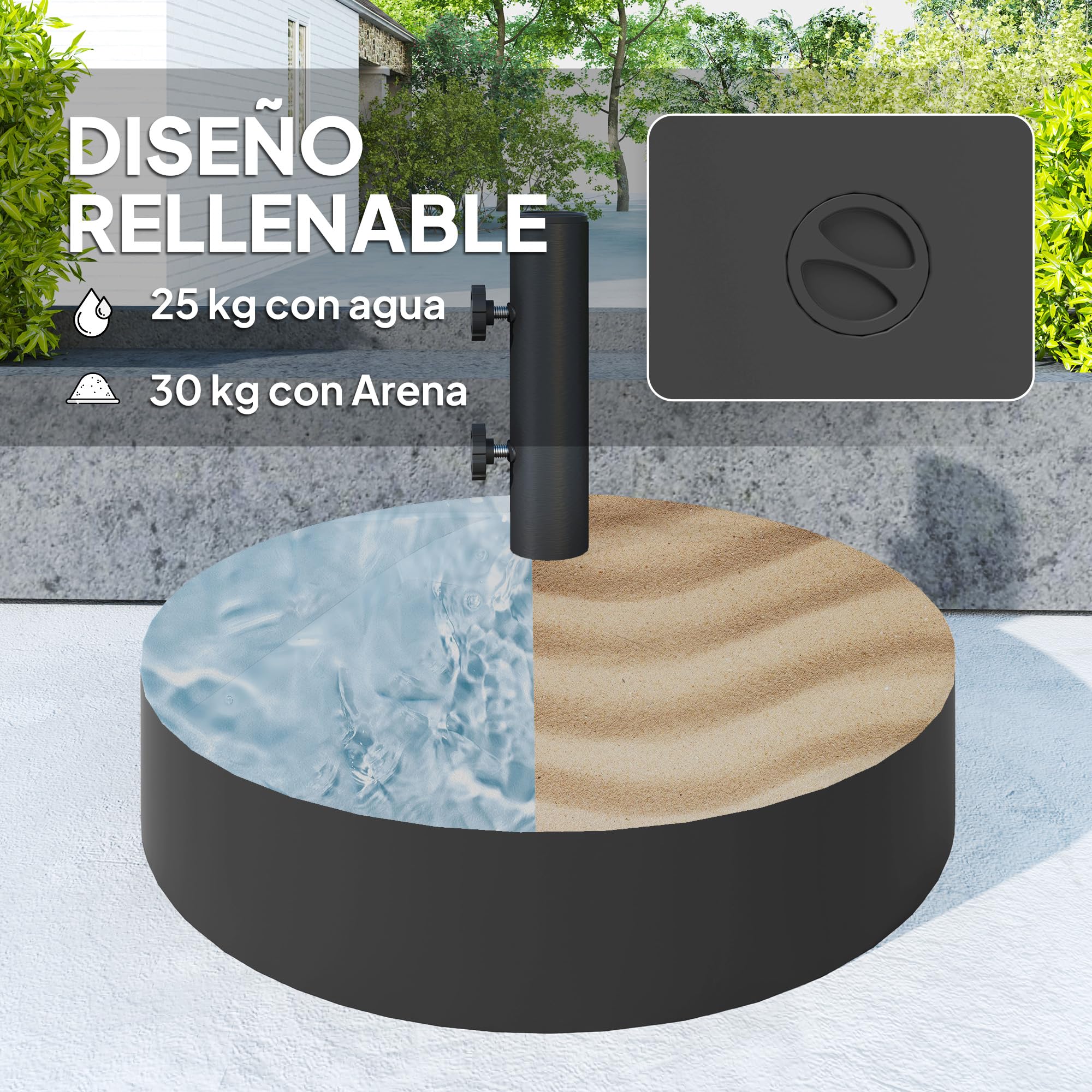 Outsunny Base para Sombrilla Redonda Soporte 25L o Arena 30kg Negro | Pie para Sombrilla, Rellenable con Agua, Jardín Terraza