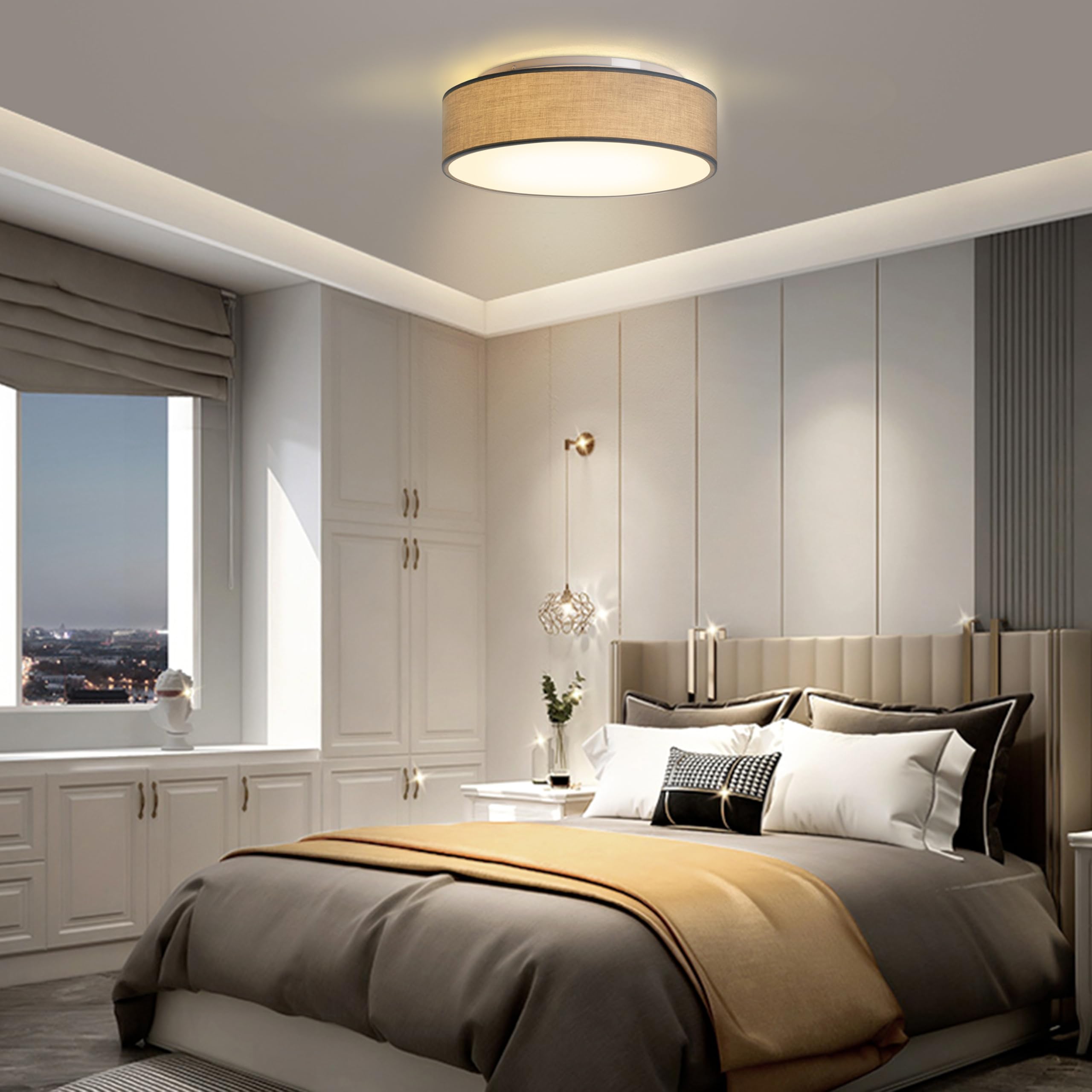 Zedelmaier Deckenlampe Stoff Rund 38cm E27x2 max.40W Deckenleuchte Taupe Stoffschirm Wohnzimmer Schlafzimmer Küche Flur Kinderzimmer Lampe Decke Lampenschirm