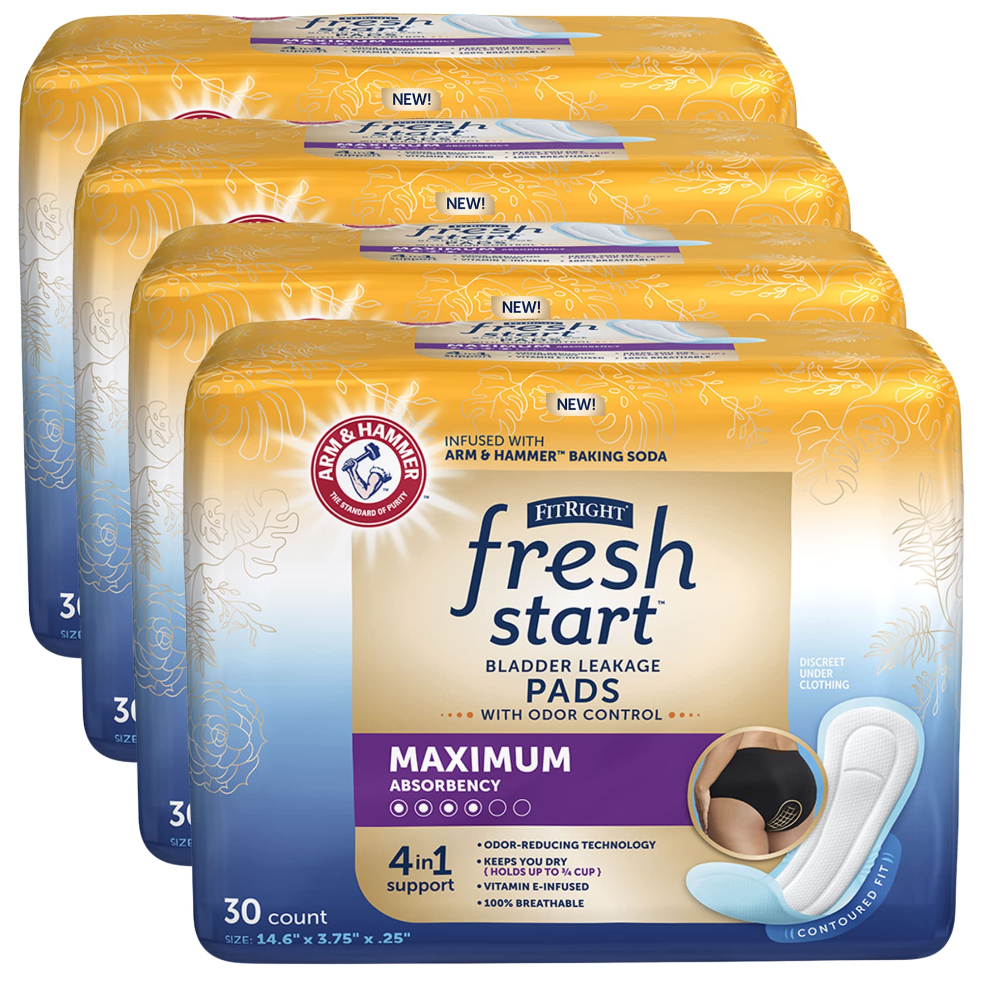 FitRight Fresh Start Postpartum and Incontinence Pads for Women, Maximum Absorbency (120 Count) Bladder Leakage Pads with The Odor-Control Power of ARM & HAMMER (30 Count, Pack of 4)