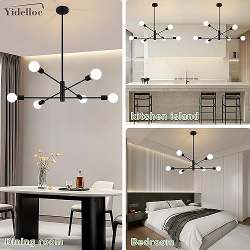 Miniatura 6 de Candelabros Sputnik negros de 6 luces, lámparas modernas, lámpara de mediados de siglo, lámpara colgante de longitud ajustable para comedor,
