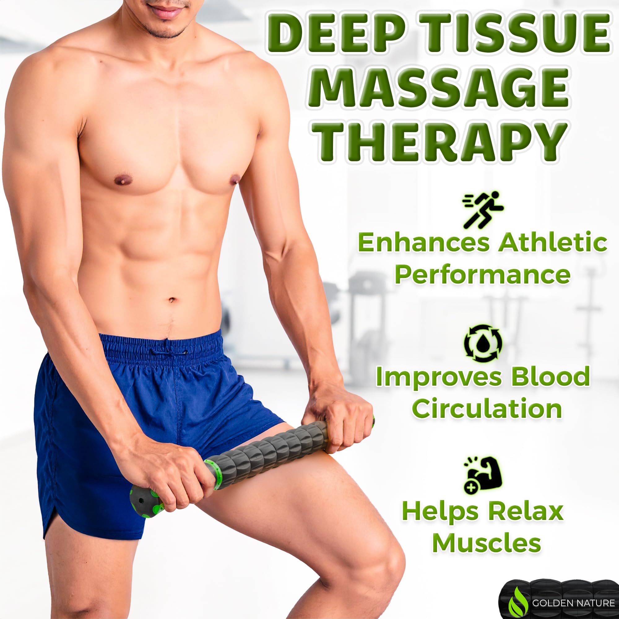 Muscle Roller Stick - Lymphatic Drainage Massager with 9 Rollers - Handheld Deep Tissue & Trigger Point Tool for Pain Relief and Cellulite Reduction - for Legs, Shoulders & Body - by Golden Nature