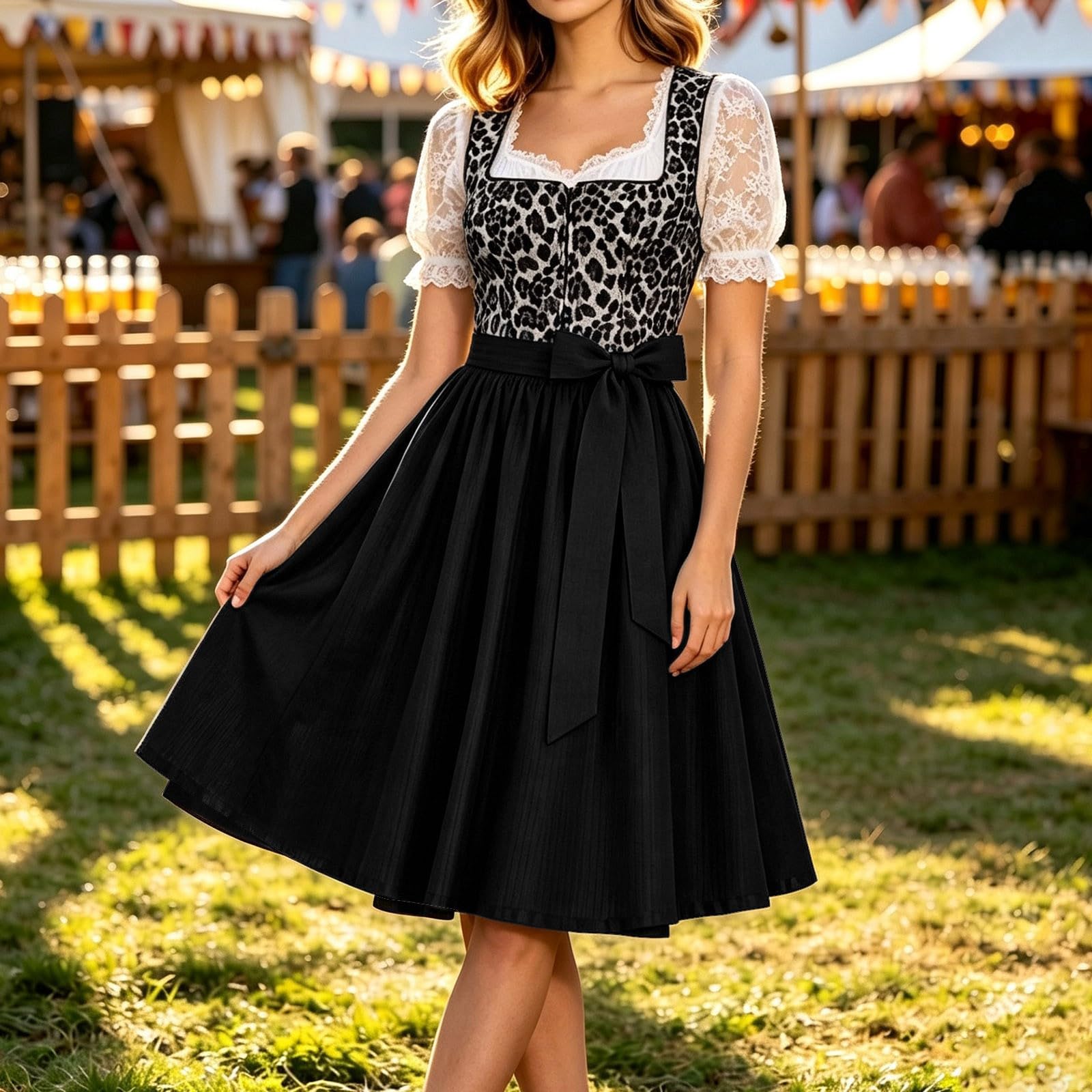 SKFLABOOF Dirndl Grosse Grössen Oktoberfest Damen Outfit Dindl Midi Für Schürze 'Dirndl Dirndlkleid Lang Dirnd Samtdirndl Beige Trachtenkleid Drindl Langes Mit Bluse Und Samt Wiesn