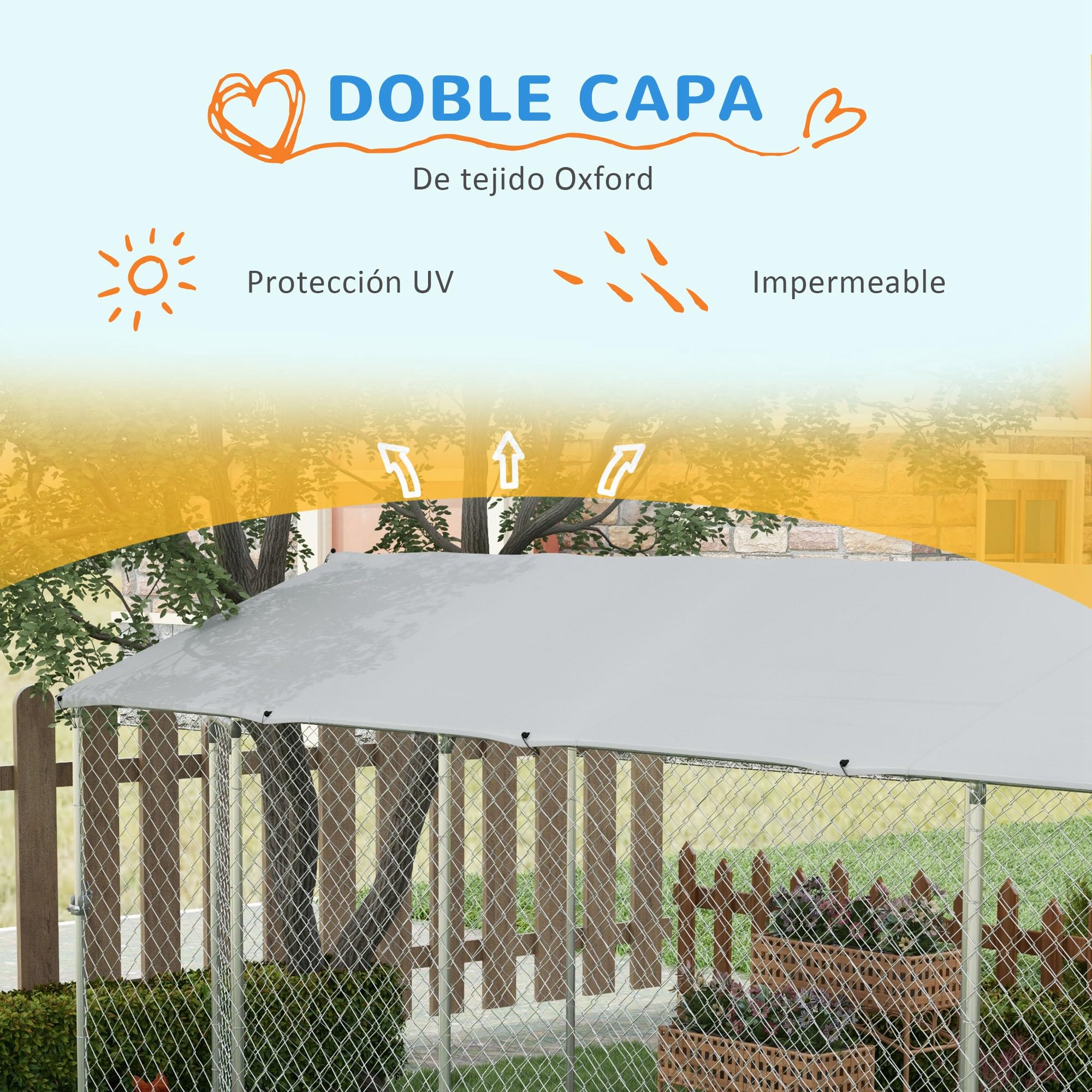 PawHut Perrera Jaula para Perros de Exterior con Puerta Perrera para Perros con Marco de Acero Toldo Impermeable y Anti-UV 600x230x230 cm Plata