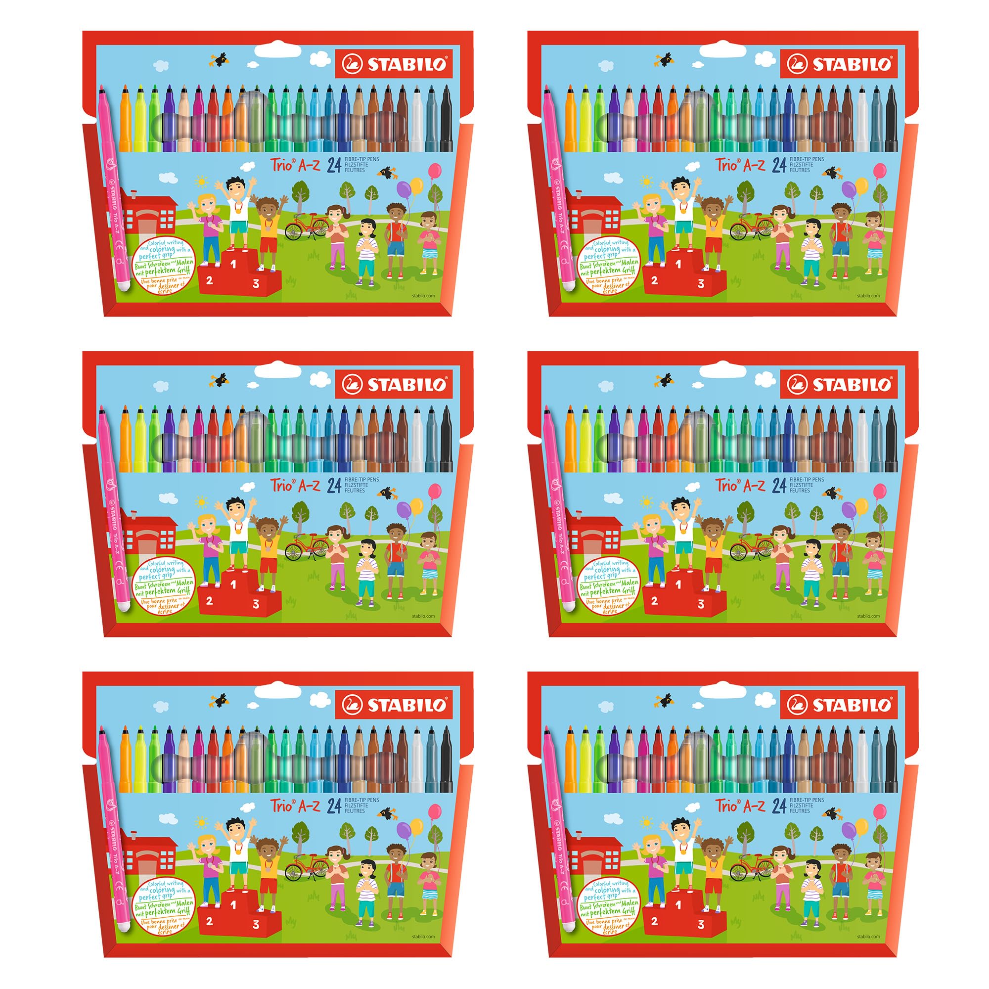 STABILO Trio A-Z - Feutre de coloriage - Lot x 6 étuis carton x 24 feutres pointe moyenne 144 feutres de coloriage