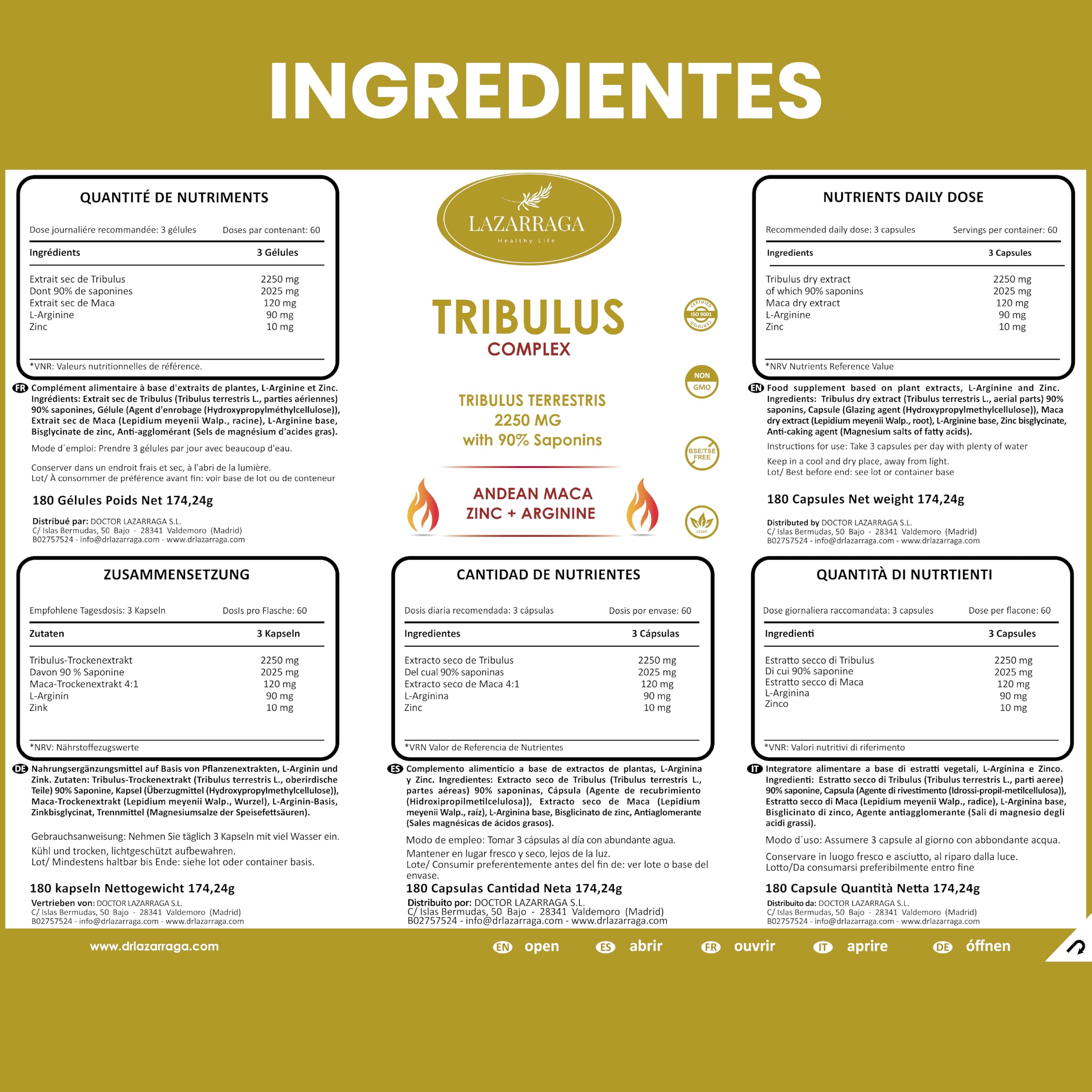 TRIBULUS TERRESTRIS POTENTE 4 EN 1 con Maca Andina + Arginina + Zinc | Vitaminas para el Cansancio para Hombres | Fuerza y Energía | 90% Saponinas | 180 Cápsulas Veganas | 2 Meses | Lazarraga