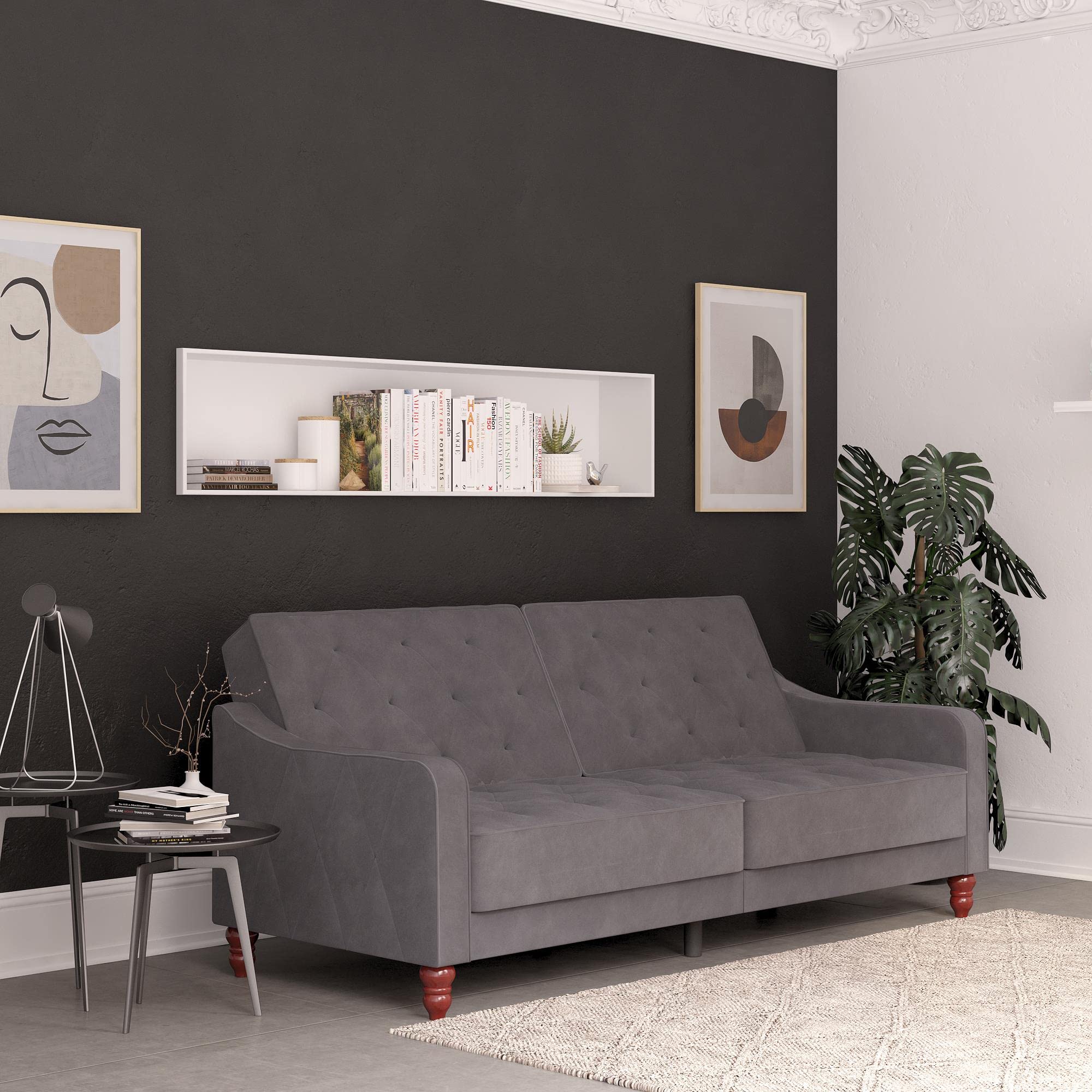 Novogratz Vintage Tufted Sofabed Grey Velvet, 86x208x86cm (DxWxH)