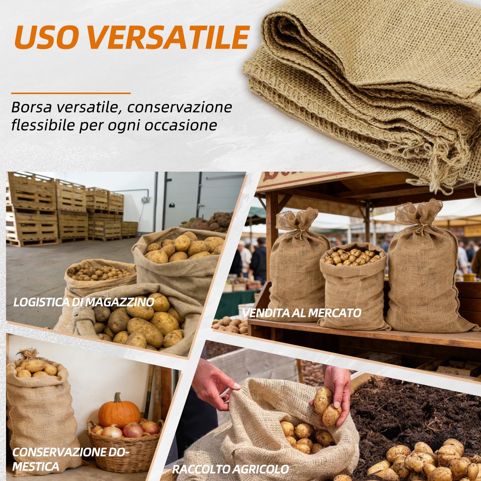 Sacchi di iuta naturale, per patate, doppio ritorto, 60 x 40 cm, confezione da 5