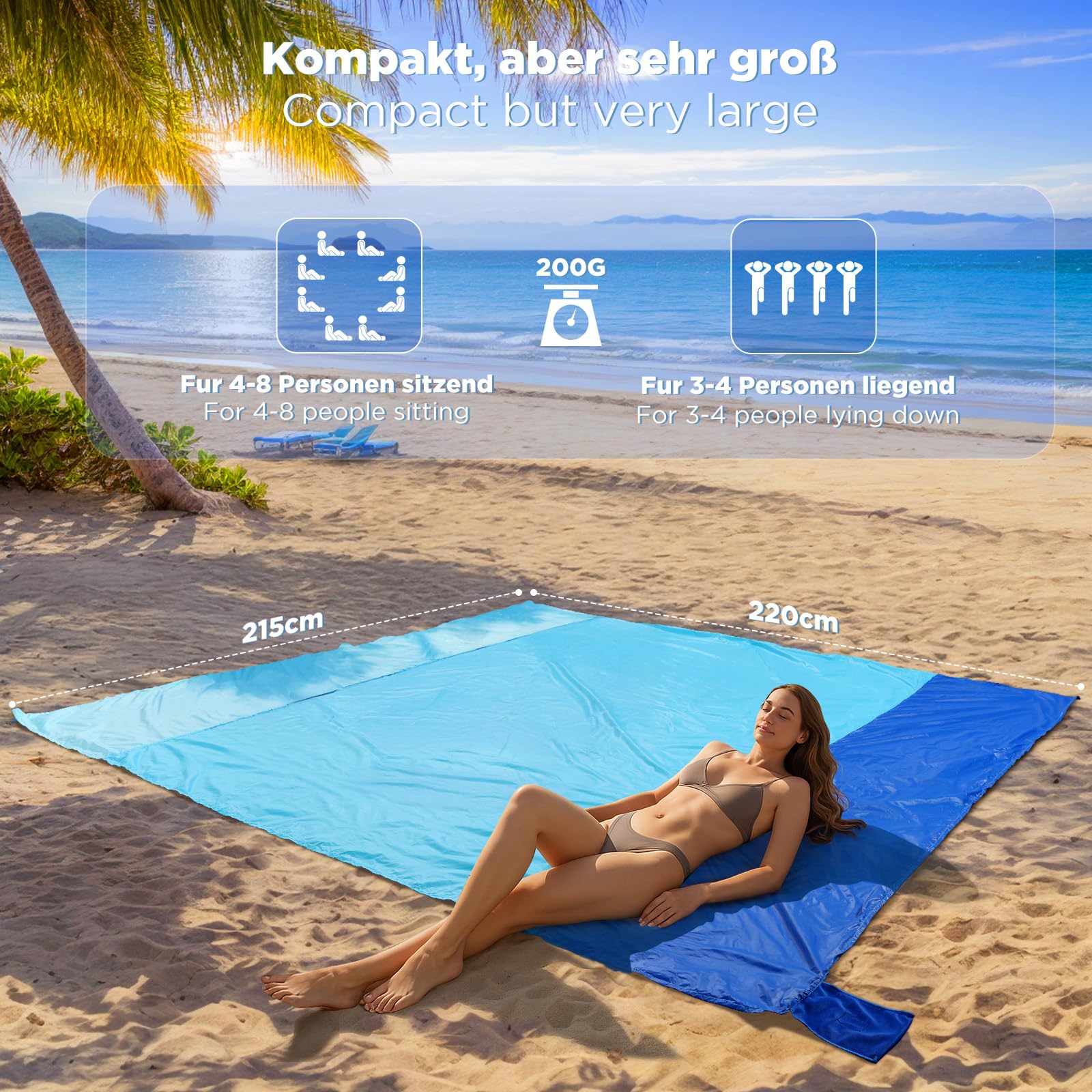 Siegvoll stranddeken zandvrij 210 x 200 cm, waterafstotend, ultralicht, draagbare outdoor picknickdeken voor strand, kamperen, strandmat inclusief 4 bevestigingshoeken, karabijnhaak, draagtas