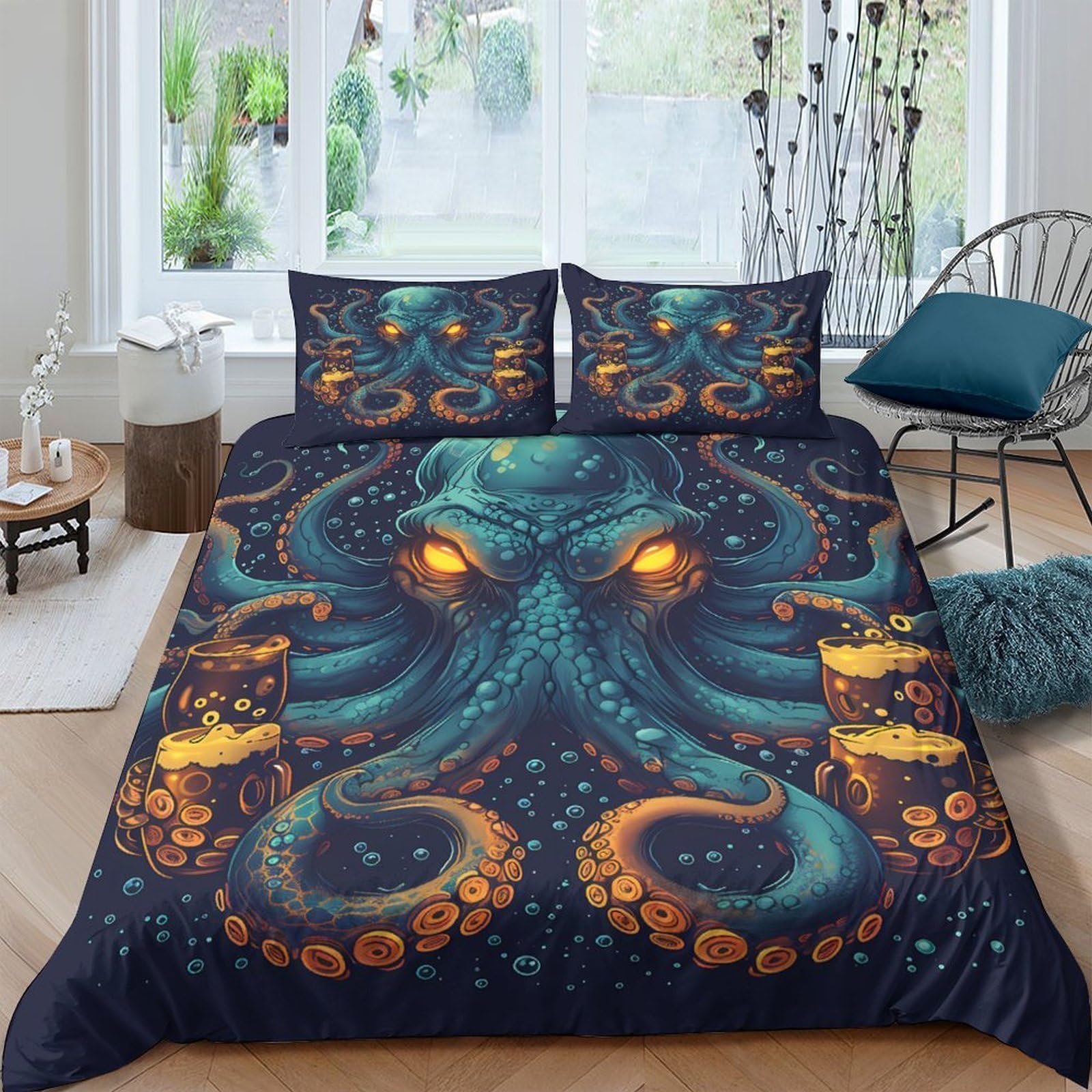 Ctjqhvkz Style-10 3D Printed Octopus Blue Fitted Sheet Microfiber Anti-Slip Sea Creature Bed Cover For Bedroom Dorm Protection Decor Single（135X200cm）