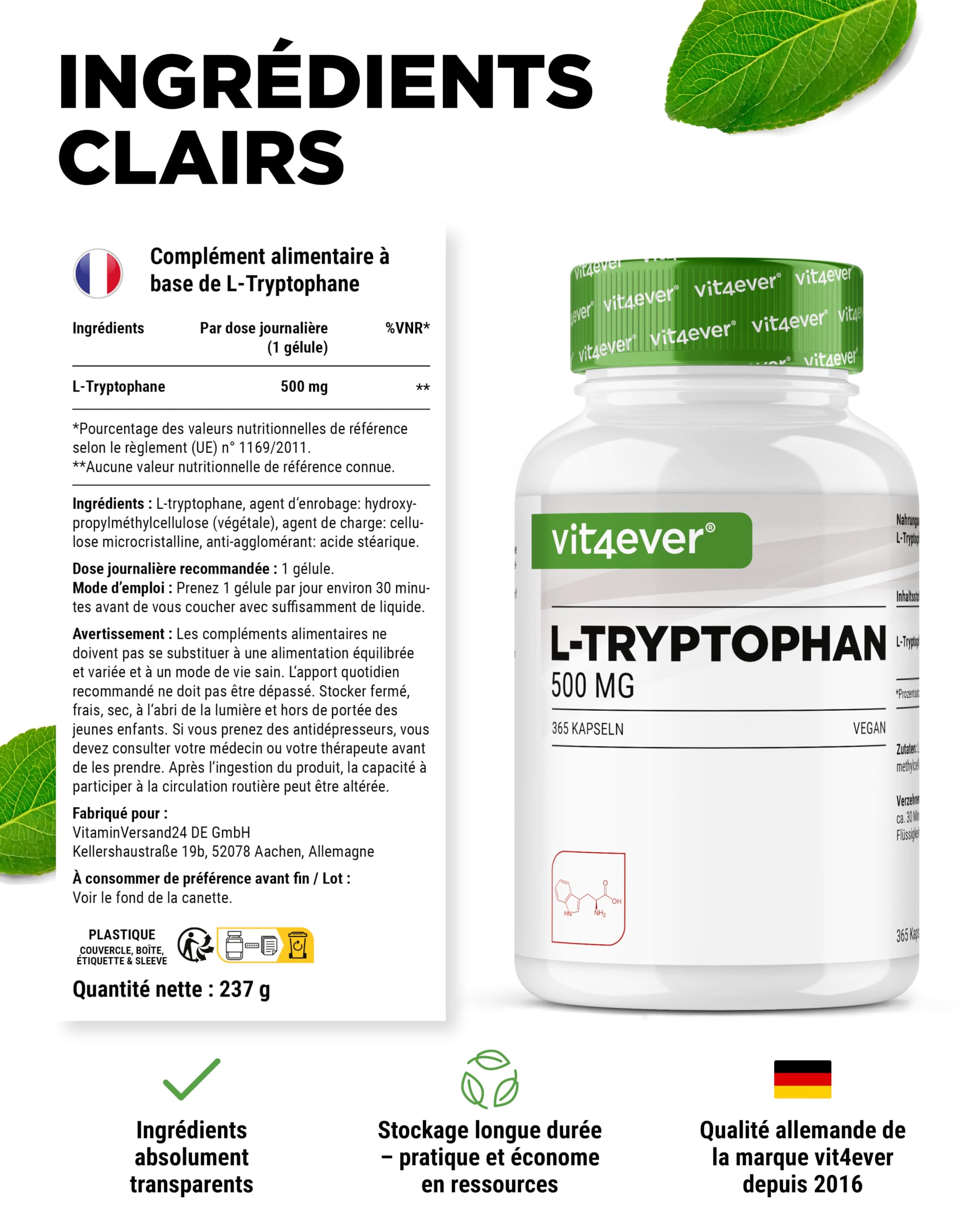 L-Tryptophane - Hautement Dosé avec 500 mg par Gélule - 365 Gélules Véganes - Réserve de 12 Mois - Issu de Fermentation Végétale - sans Additifs Inutiles, Végan