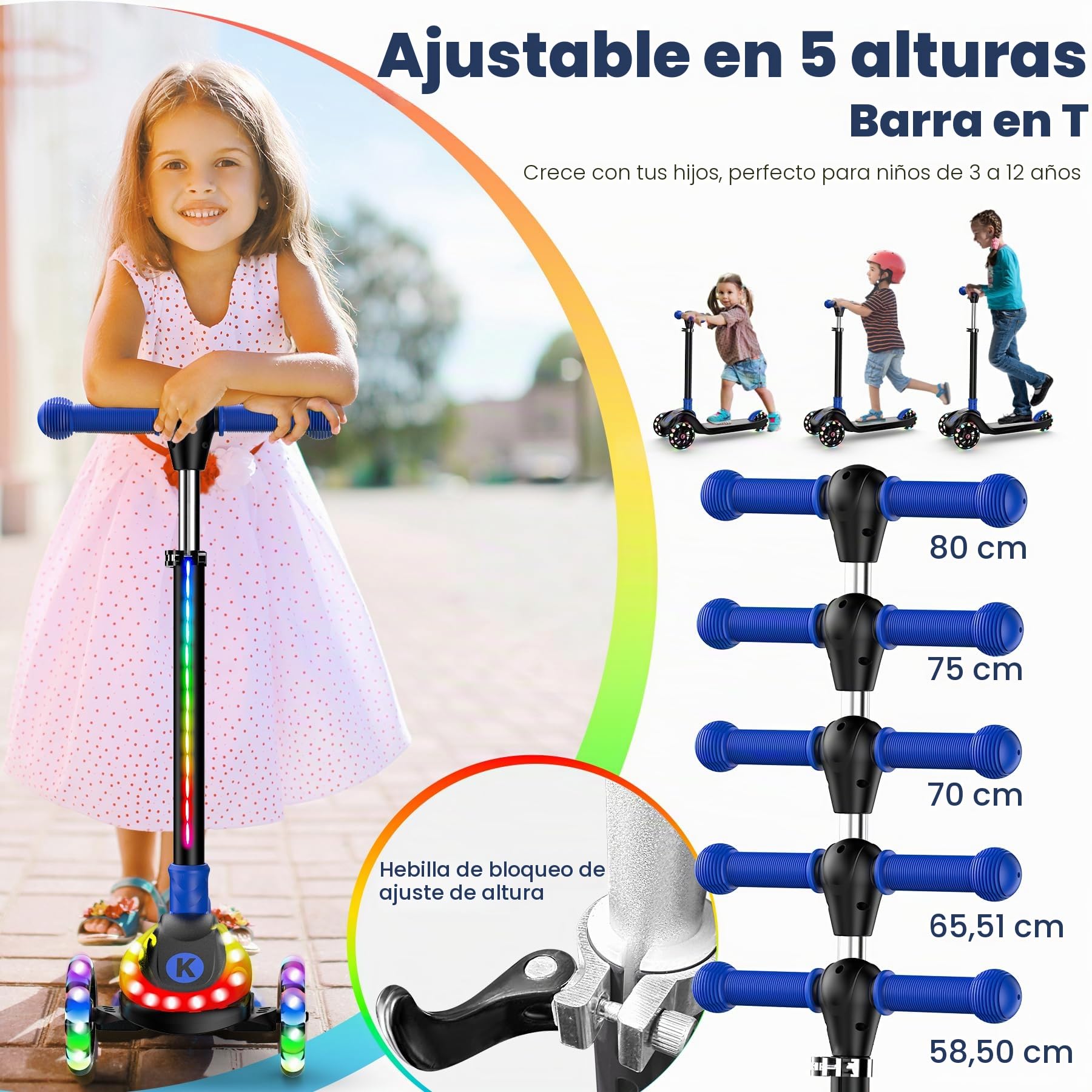 Patinete Ajustable 2 en 1, de 3 a 12 años, con Manillar de 5 Niveles, Asiento extraíble, Ruedas LED, Plegable, Rosa (niñas y niños) y Negro.