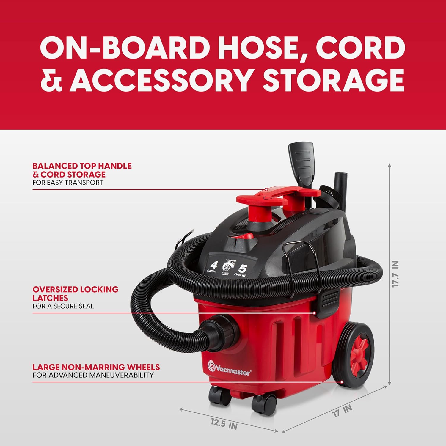 Vacmaster 4-Gallon Wet/Dry Vacuum showing on-board hose, cord, and accessory storage, along with its dimensions.