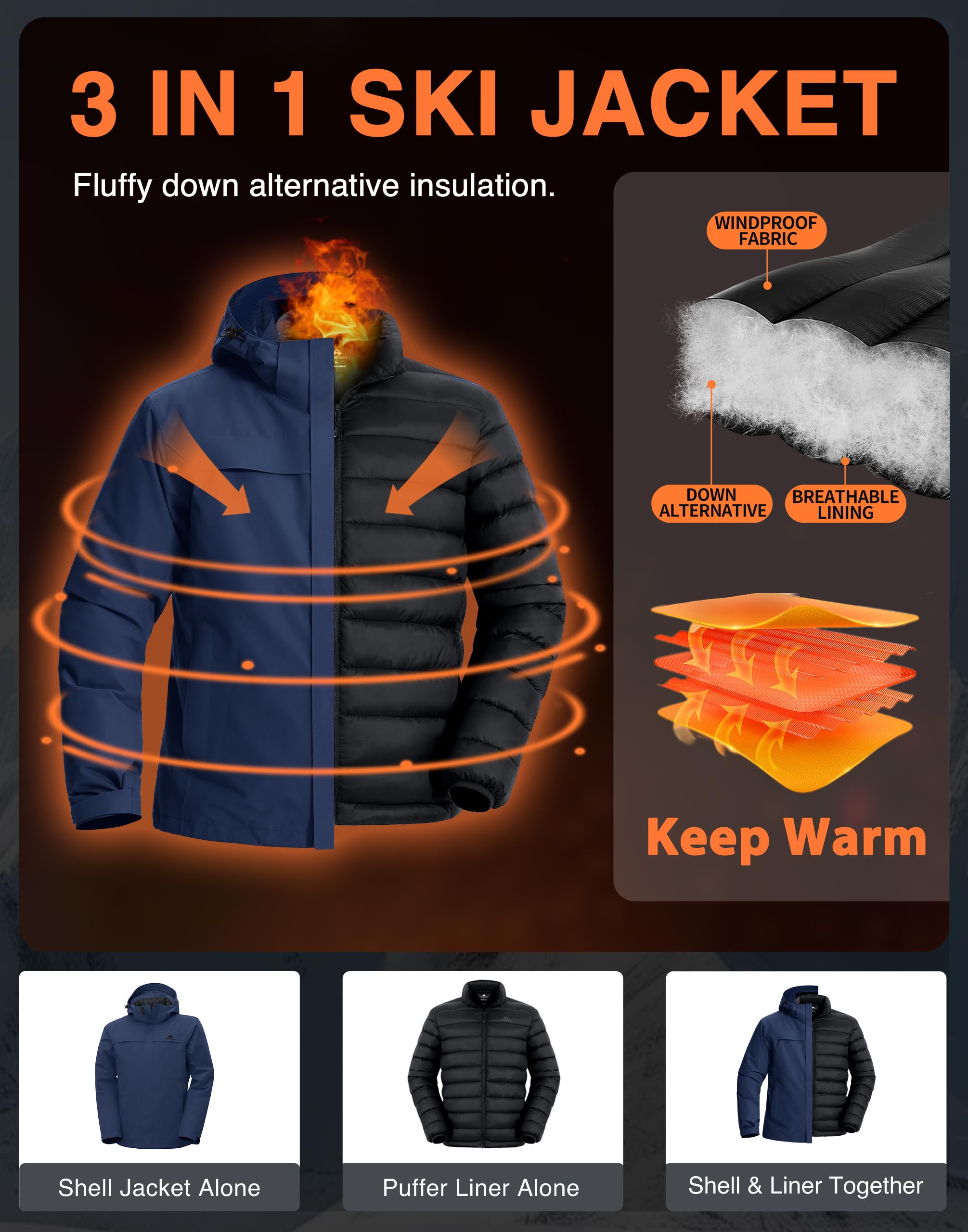 Pioneer Camp Winterjacke Skijacke Daunenjacke Herren Snowboardjacke 3 in1 Jacke Herren Ski Jacken Herren Funktionsjacke