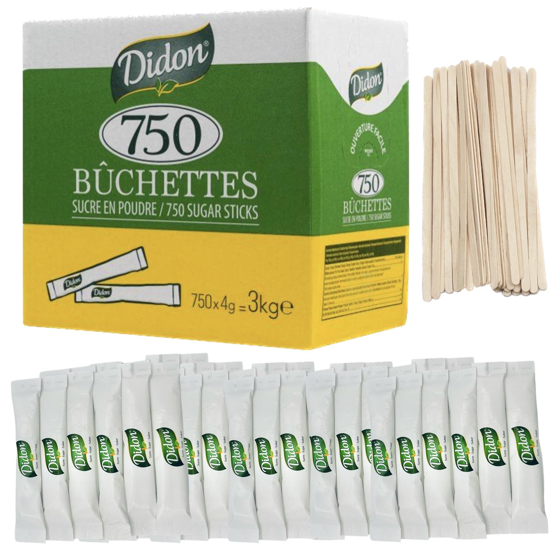 DIDON - 750 bustine di zucchero da 4g (3kg) con palette in legno in omaggio – Ideali per bevande calde - bustine zucchero monodose - Zucchero bianco - Sugar