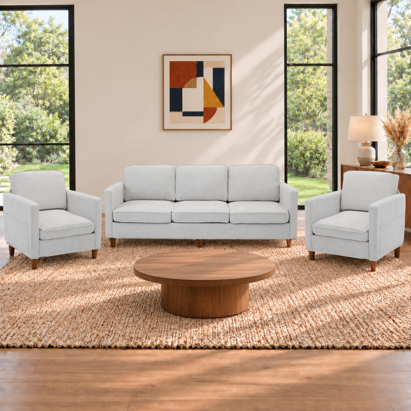 Couch Set for Living Room, 3 Seater Chenille Sofa and Armchair Set of 2