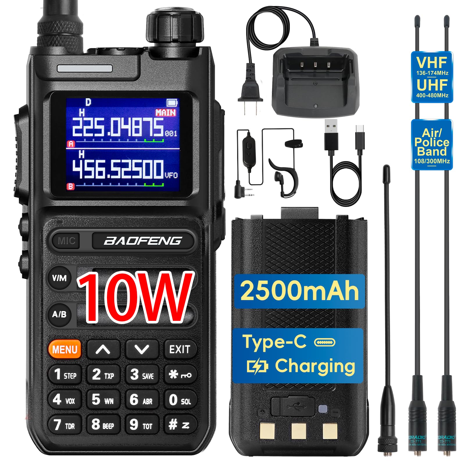 BAOFENG UV26 Ham Radio 10W (New Gen 5RM) Long Range Handheld Rechargeable Walkie Talkies with Earpiece, 2500mAh Type-C Battery, 771 & Air/Police Band Antenna, Rapid Two-Way Radios - 1 Pack Full Kit