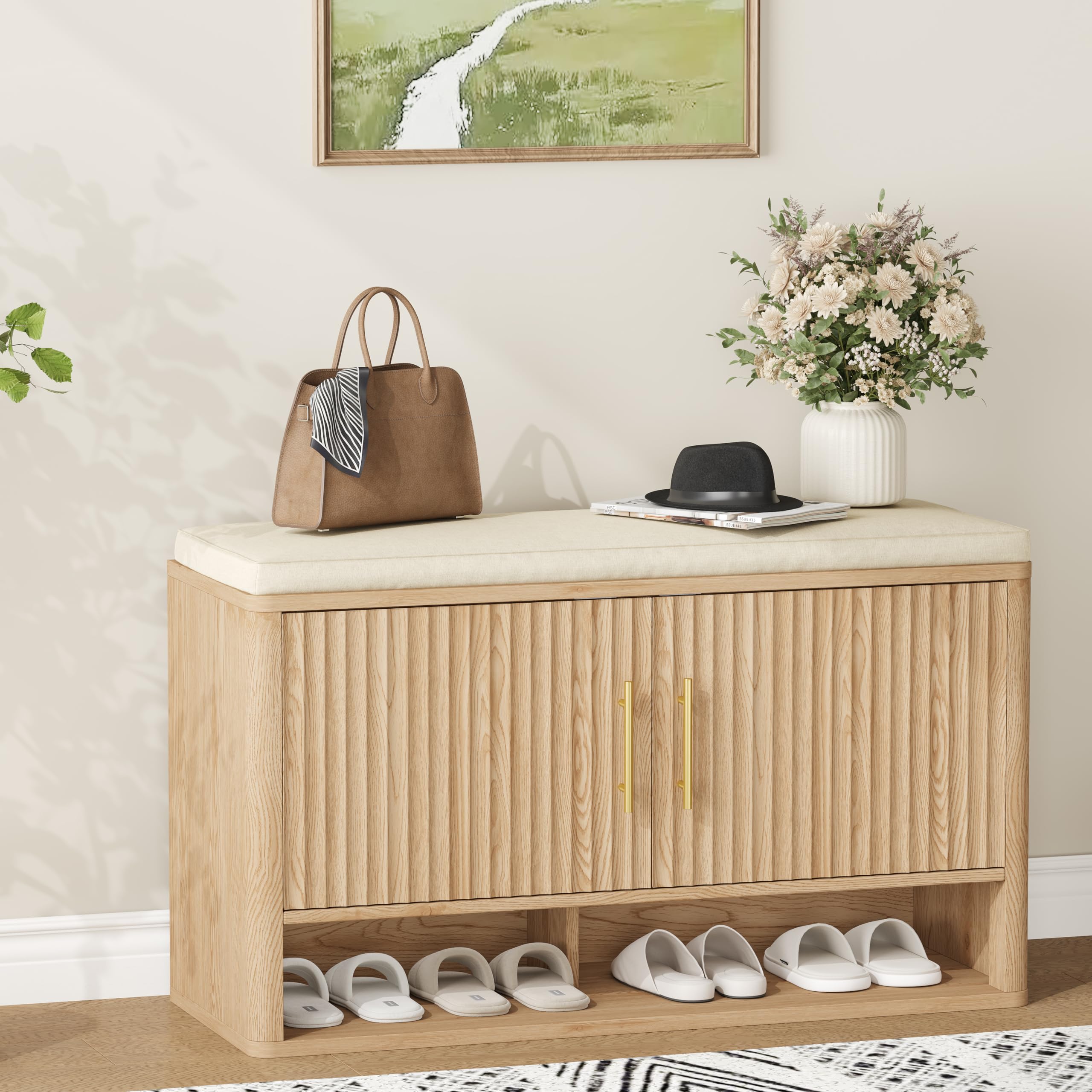 Fluted Shoe Storage Bench with Cushion