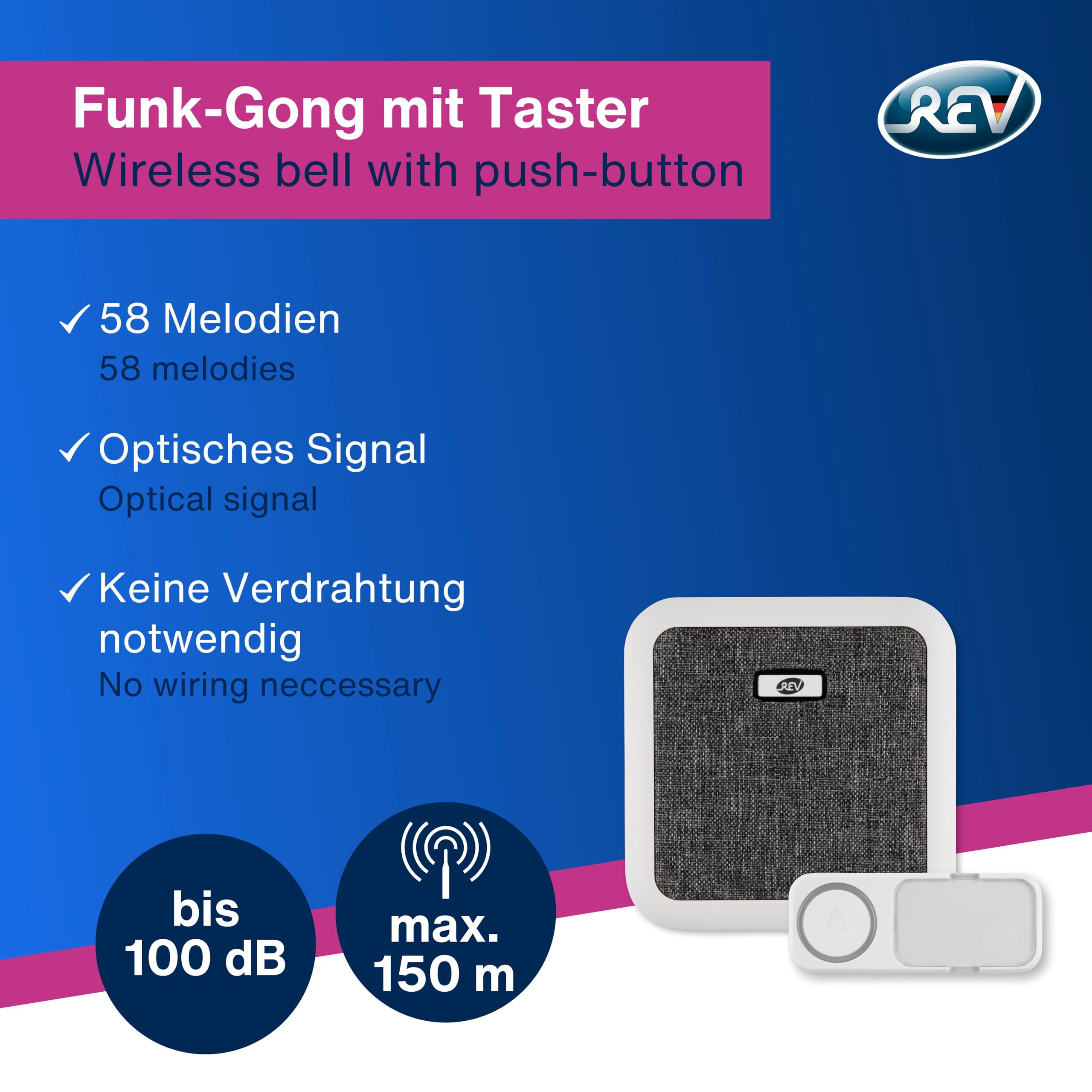 REV Funkklingel - Türgong Set Orchestra drahtlos, 150m, 90dB, Funkgong 230VAC und Klingeltaster, Weiss