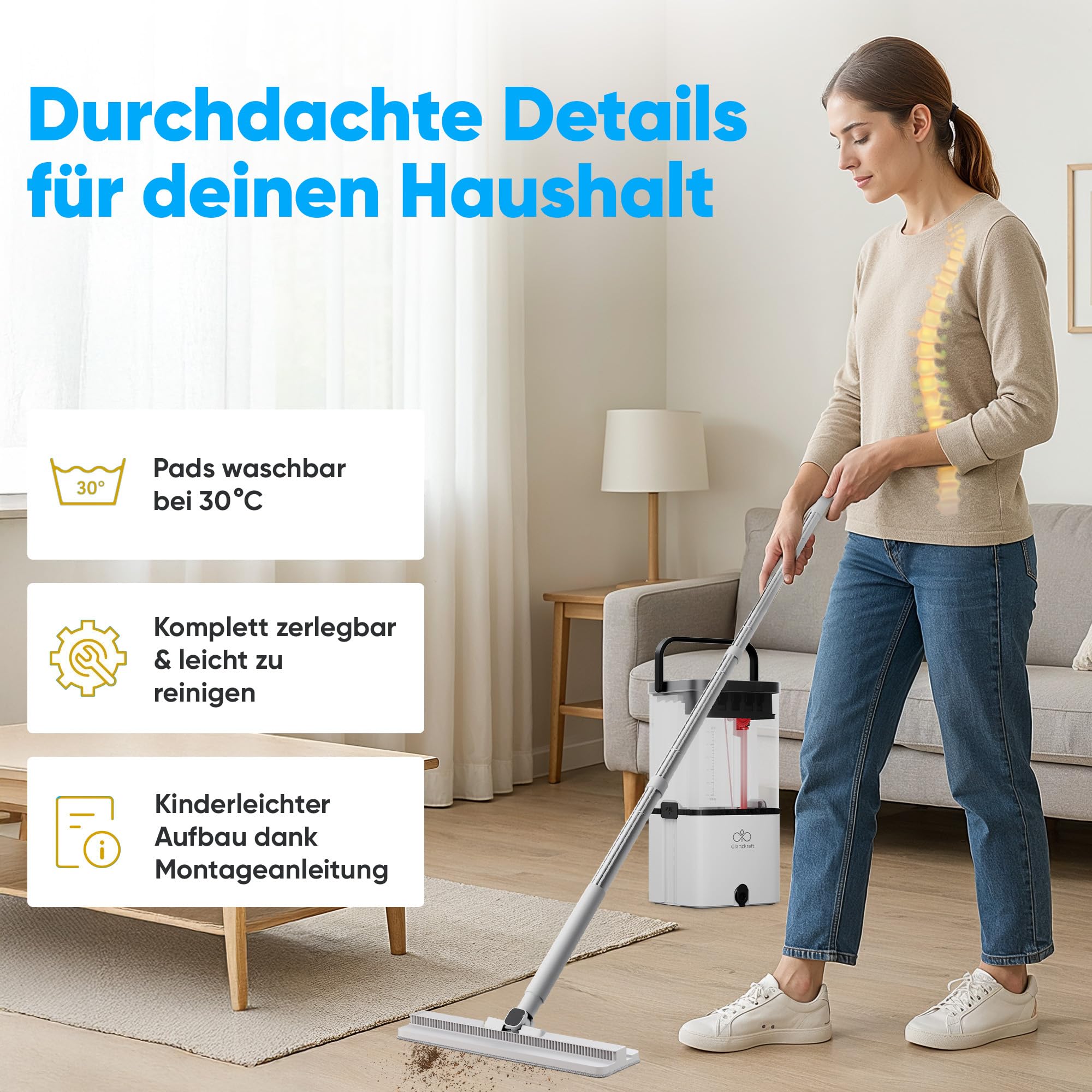 Wischmopp Set mit Eimer – Bodenwischer / Nasswischer mit 2-Kammer-System – Wischmopp & Mop Set mit Pumpfunktion – hygienischer Wischeimer – 2,5L – Putzset