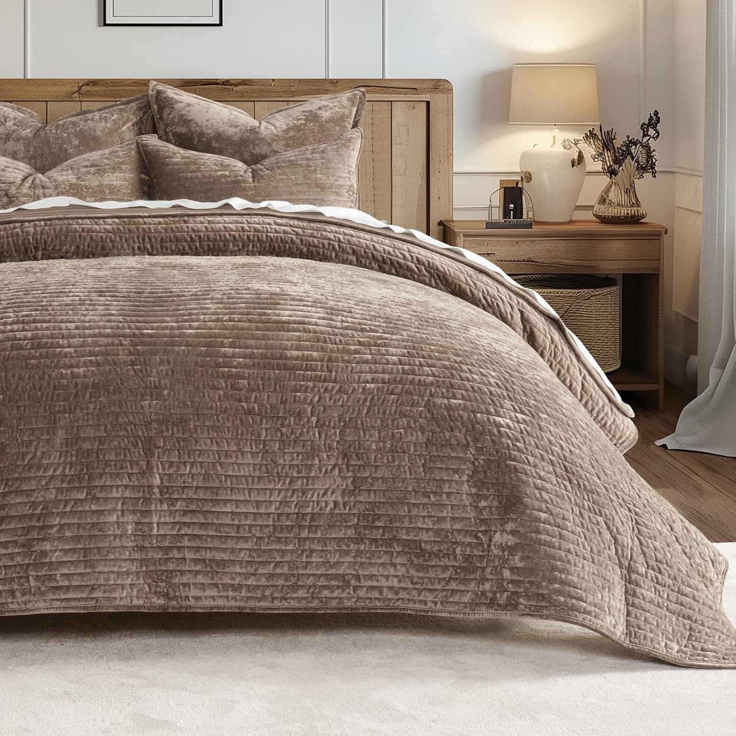 EVERGRACE Velvet Quilt Set California King 118'' x 106'', Luxurious Soft Striped Channel Bedding Set, Lightweight Velvet Comforter for All Season, Oversized Bedspread Coverlet w/ 2 Shams, Mocha Brown - Image 7