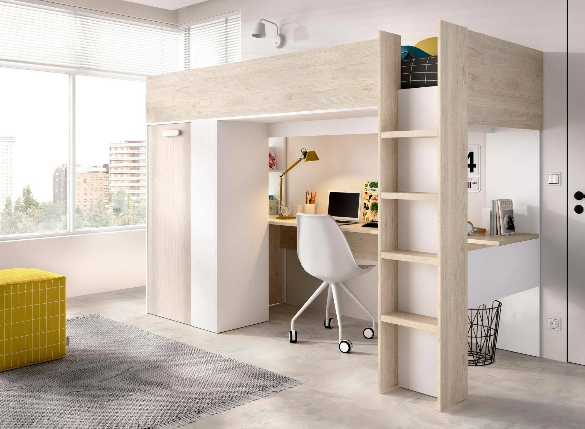 Dmora - Composizione camera da letto Focoletta, Stanza da letto completa, Cameretta per bambini, Set per arredo a ponte, 206x111 h178 cm, Bianco e Rovere