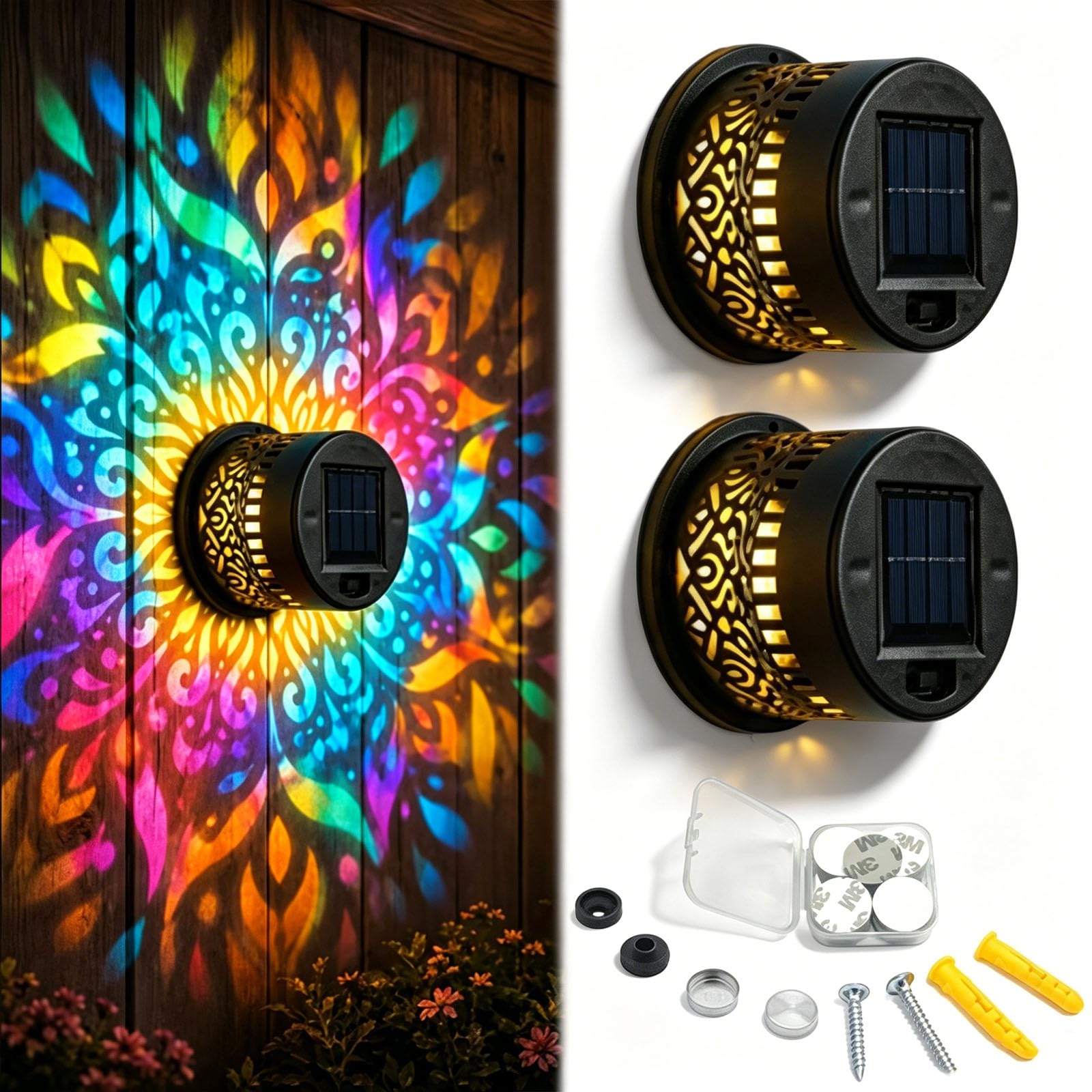 rialgirw Solar Mandala Wall Lights, Seven‑Color Changing Outdoor Decorative Projection Lamp, Waterproof Metal Fence Light for Yard Garden Patio Backyard Post (A,2PCS)