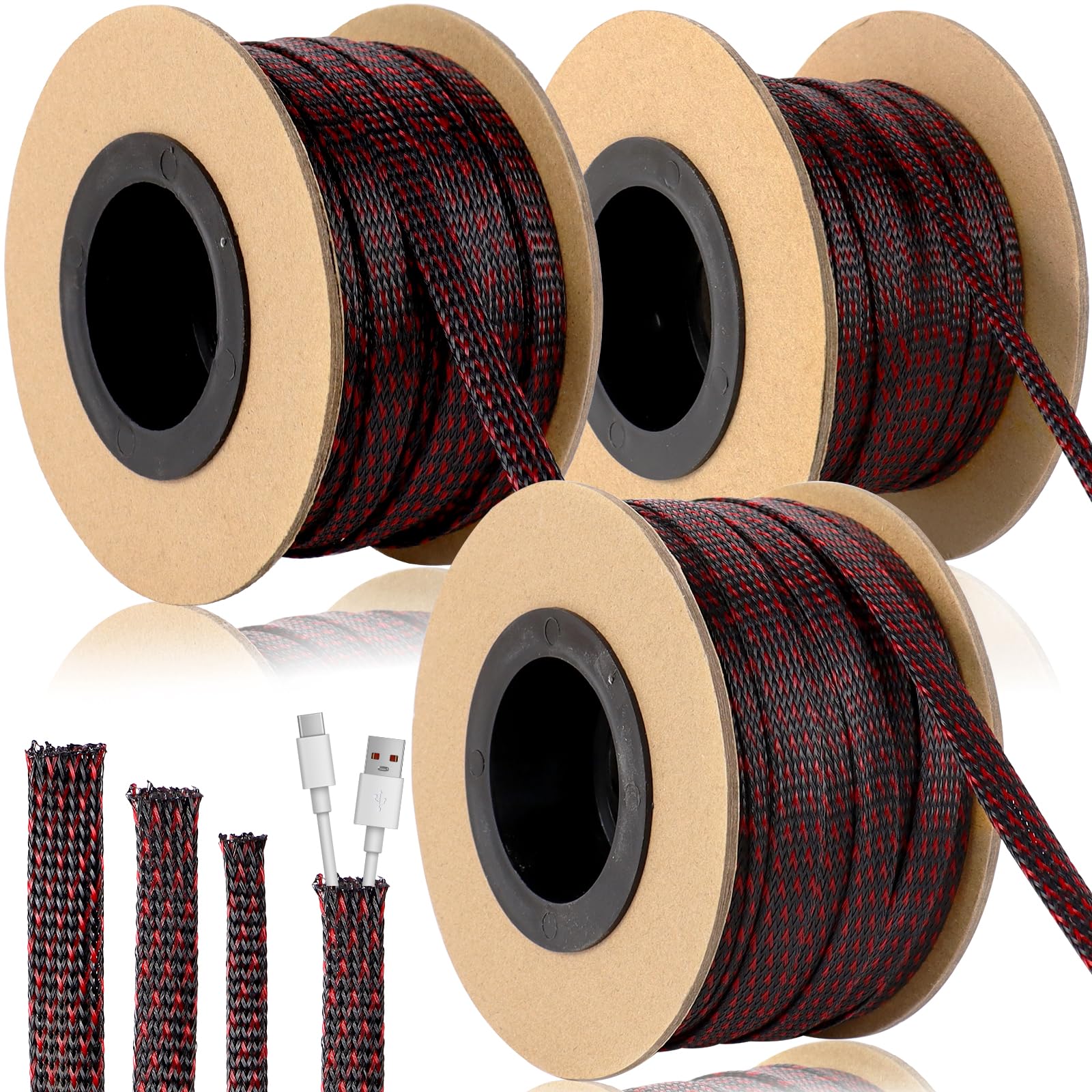 3 Rolls Braided Cable Sleeving, 1/4 3/8 1/2 Inch Wire Loom Sleeve
