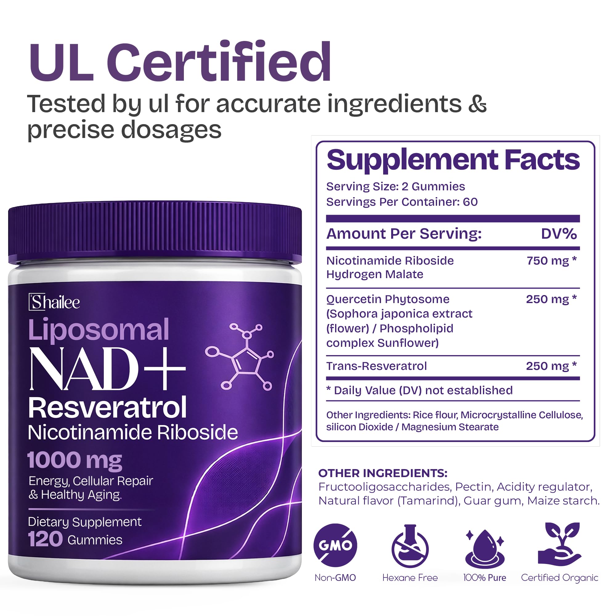 NAD Gummies for Women with Resveratrol, 1000mg Liposomal Nicotinamide Riboside with Quercetin, NAD Supplement for Brain Boost, Cellular Energy & Repair 120 Count — Amazon image 2