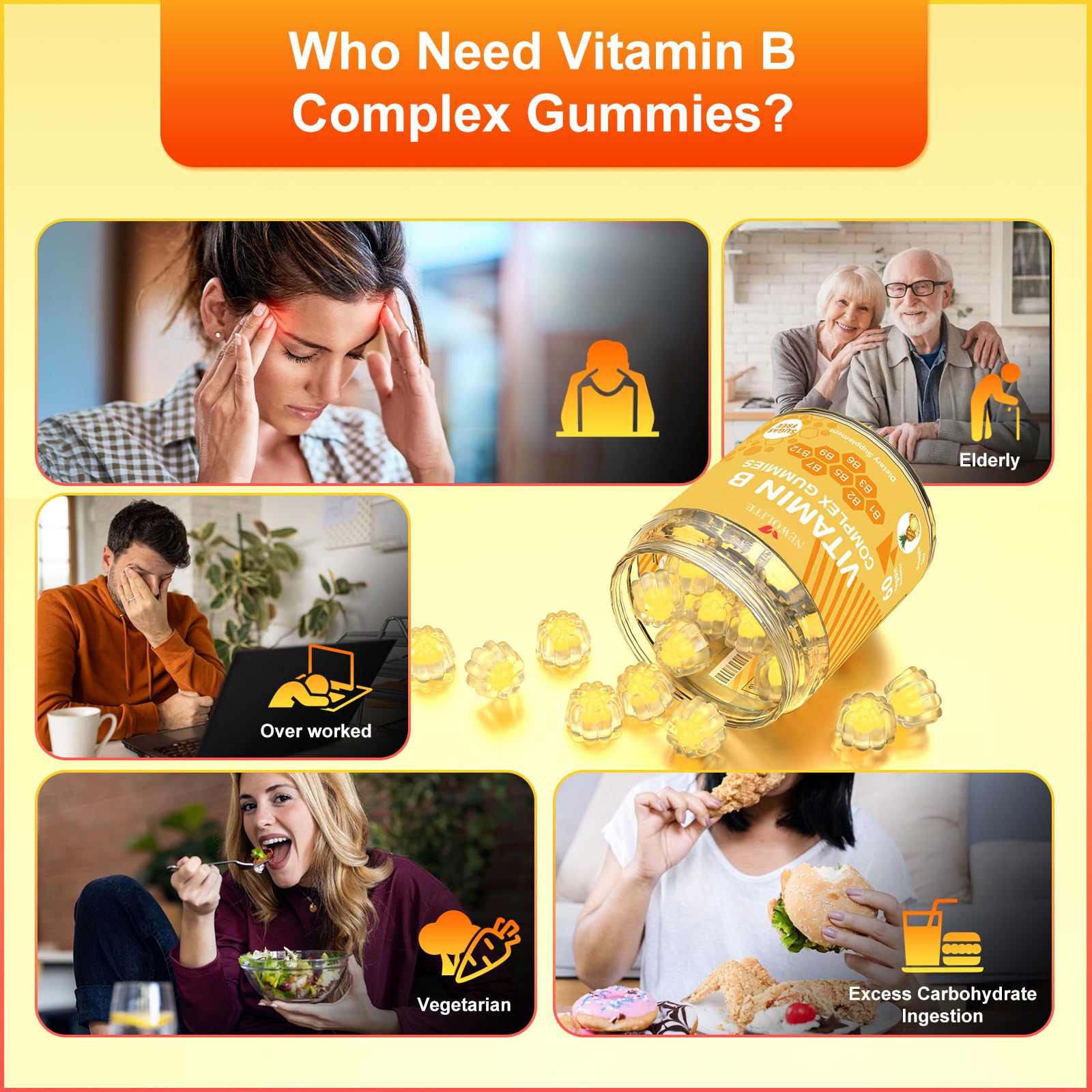 Vitamin B Complex Gummies for Adult Kid-Pineapple Flavor-Chewable Supplement with 8 Essential B Vitamins (B1, B2, B3, B5, B6, B7, B9, B12) Non GMO,Vegan 60 Count — Amazon image 5