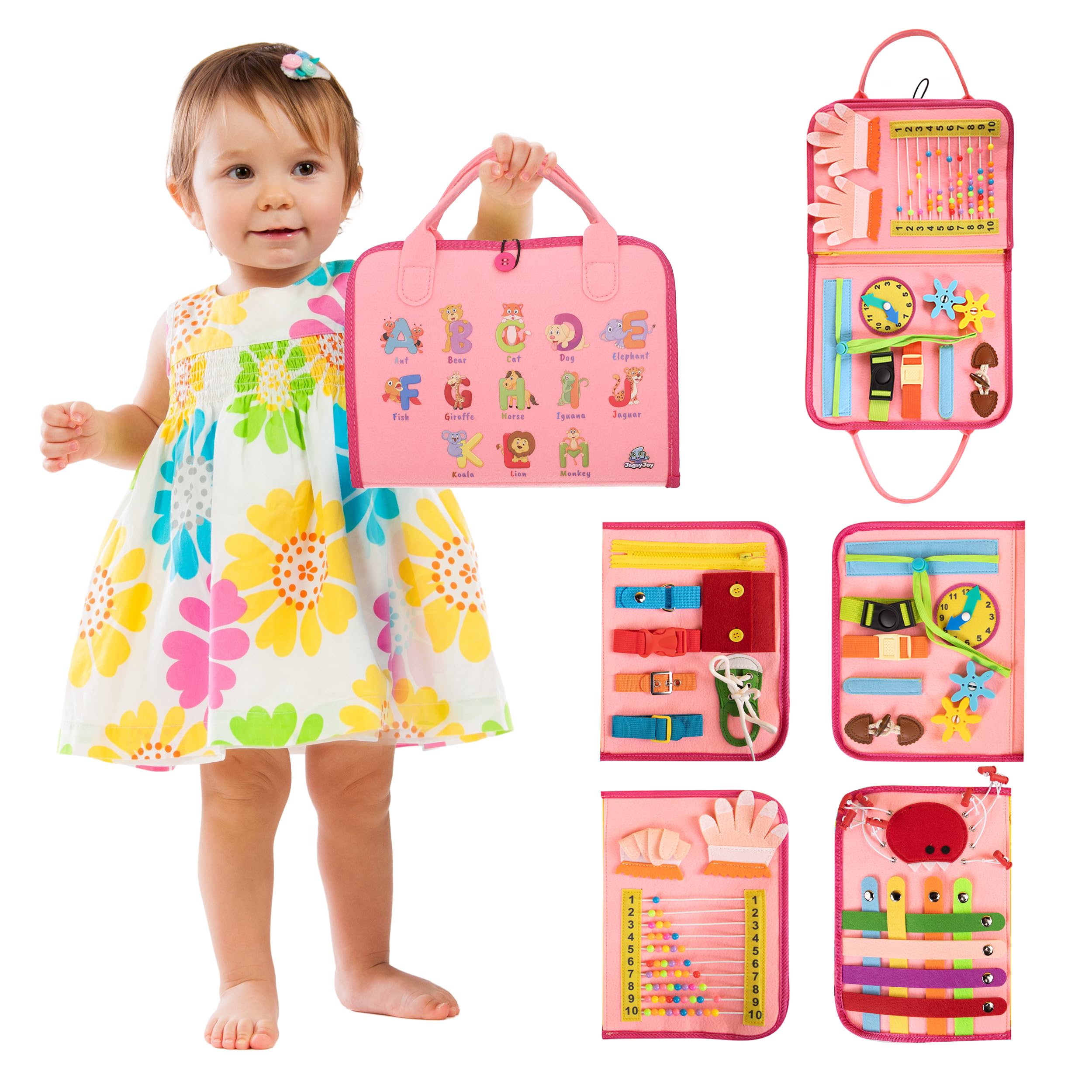 JAGSYJOY Montessori Busy Board Book, Toddlers, Sensory Activities and Preschool Learning - Toy for Home, Airplane and Car Travel (Pink)