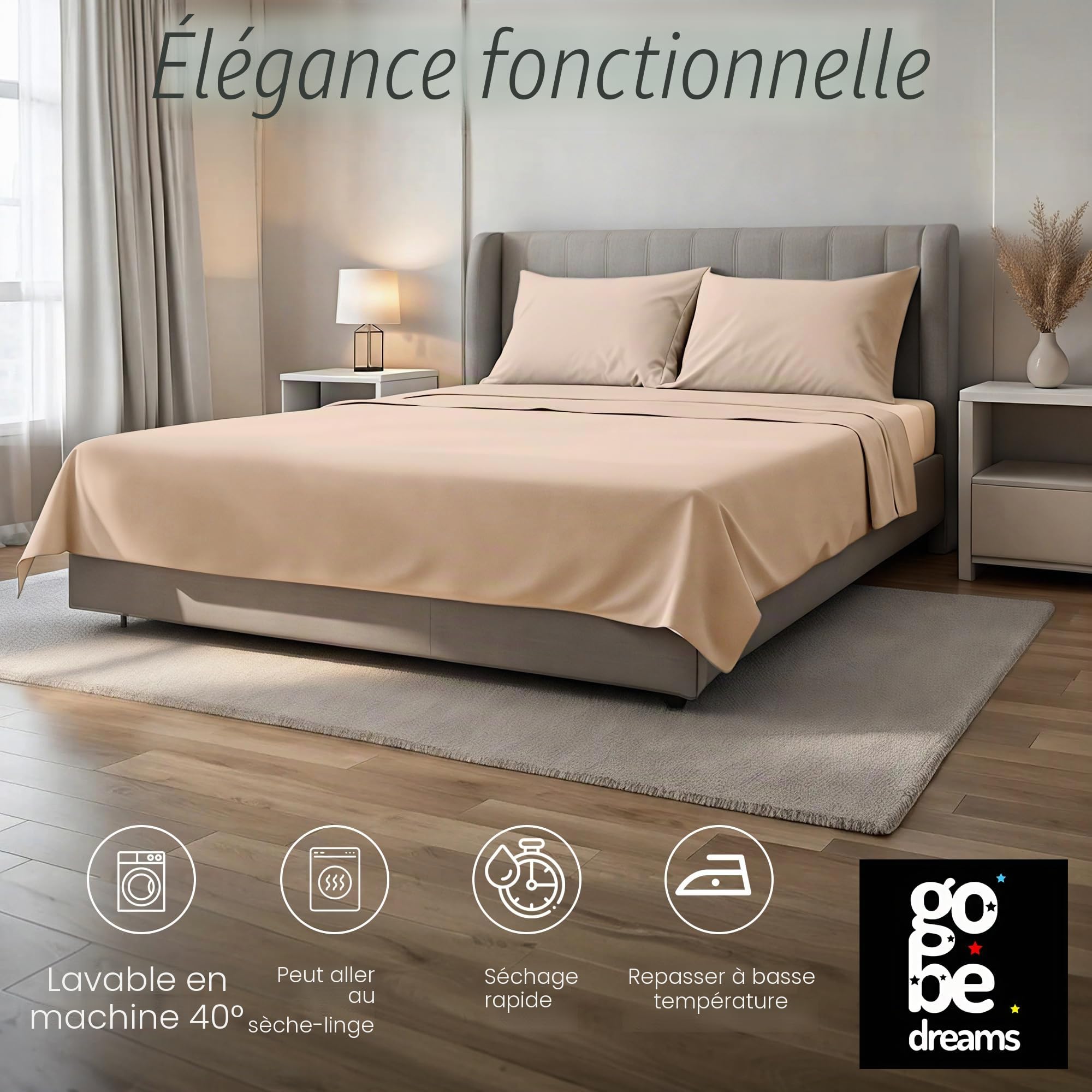 Ensemble de Draps 4 Pièces 180x190/200, draps de lit en Microfibre de Polyester brossée. Drap Plat, Drap-Housse Ajustable et 2 taies d'oreiller. Couleur Beige