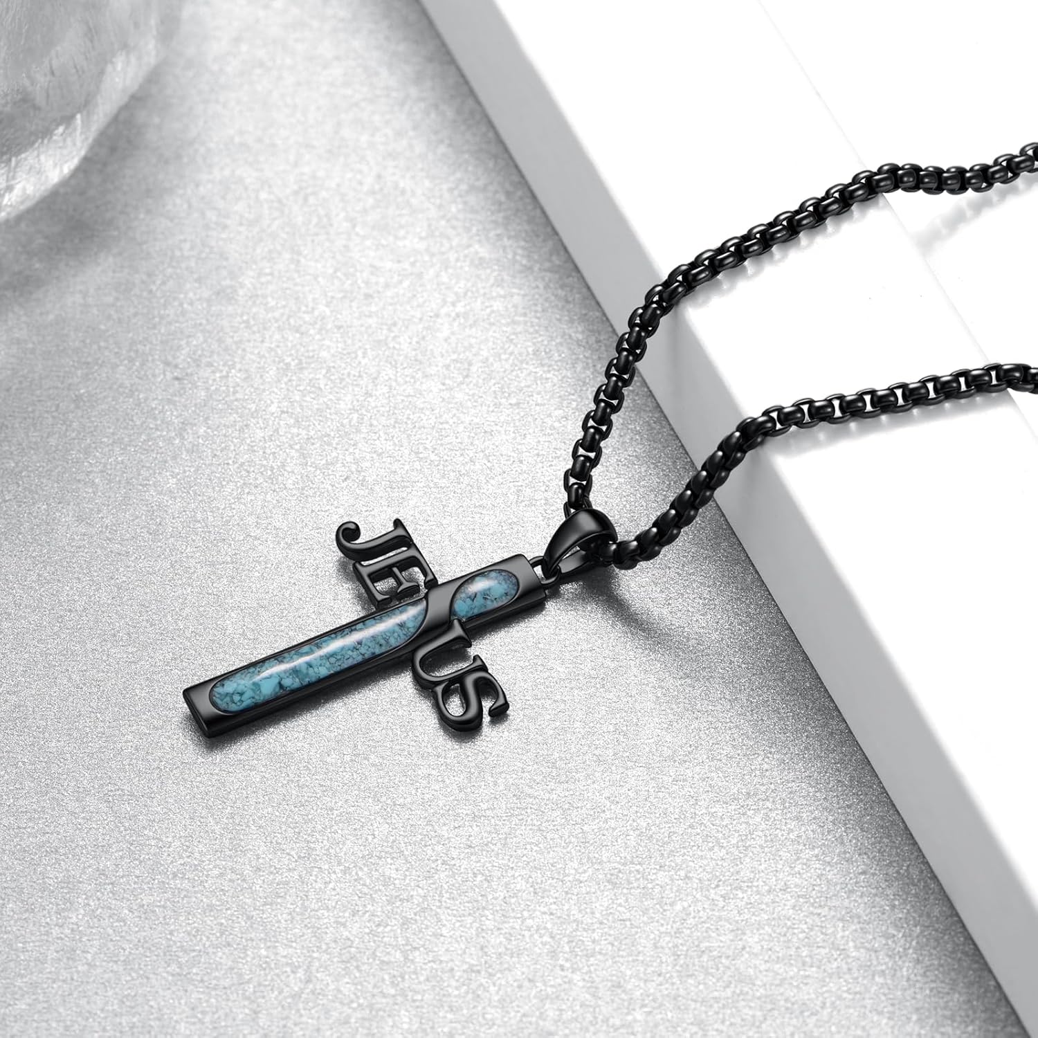 Turquoise Cross Necklace 925 Sterling Silver Black Jesus Cross Necklace Jesus Turquoise Religious Jewelry Gifts for Men Women - Image 2