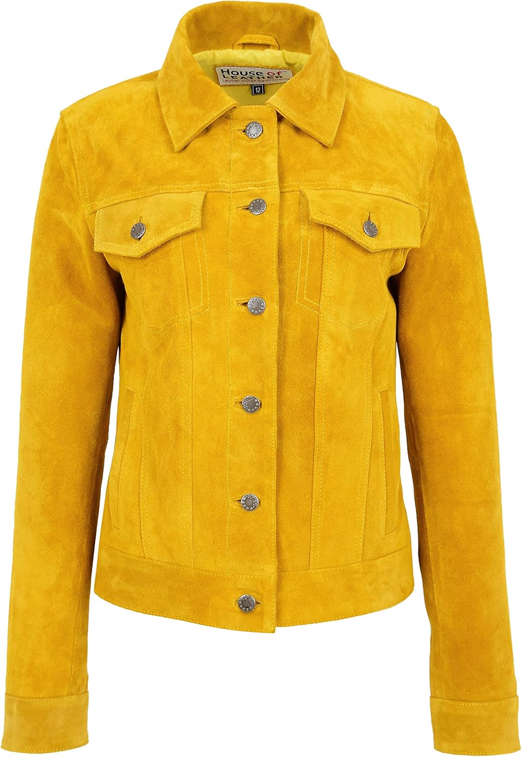 House of Leather Womens Real Suede Trucker Jacket Classic Button Fastening Style Alma Yellow