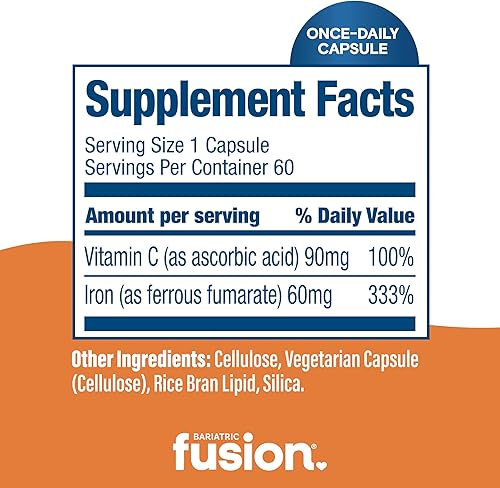 Vista 4 de Bariatric Fusion Suplemento de hierro de 60 mg con vitamina C Cápsula fácil de tragar Vitaminas fumarato ferroso para mujeres y hombres Sin
