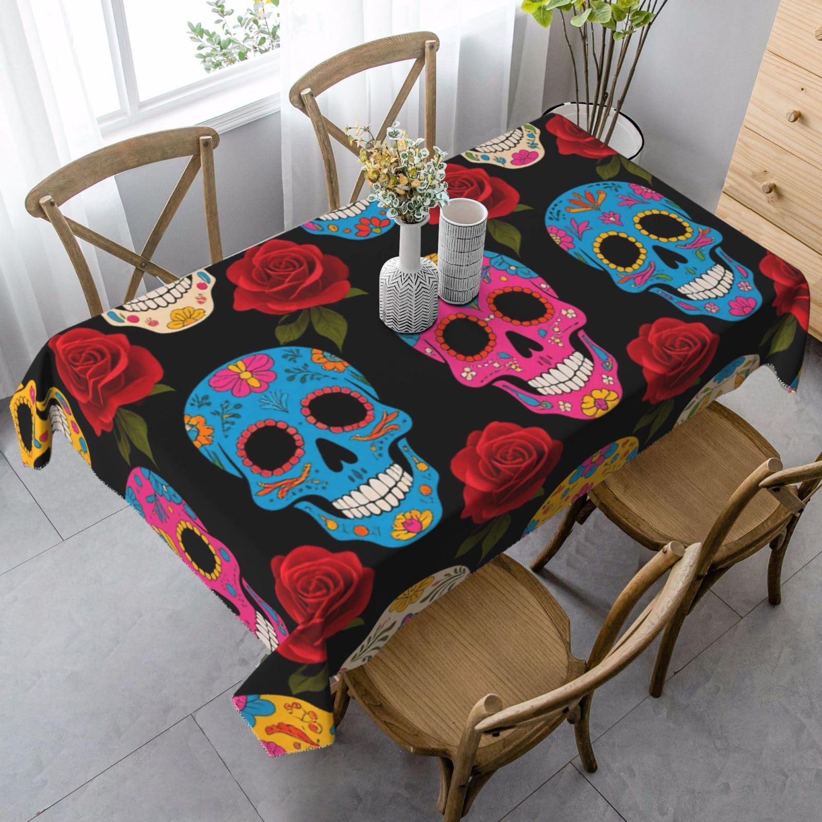 FekiLoot Sugar Skulls Rectangle Tablecloth 35x55 Inch, Washable Reusable Farmhouse Table Cloths Wrinkle Free and Spillproof Kitchen Dinning Table Cover for Party Wedding Picnic Home Decor Tablecloths
