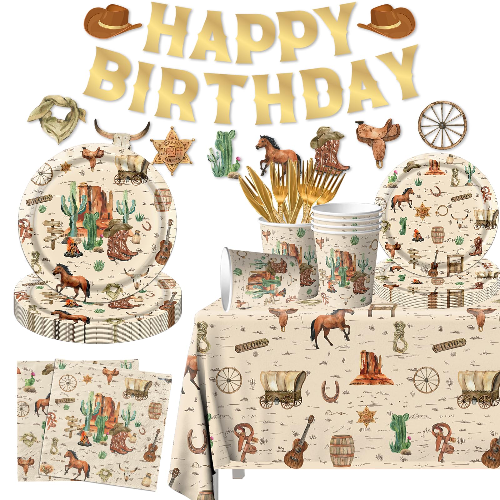 Western Birthday Party Decorations Cowboy Birthday Tableware Includes Plates and Napkins, Fork, Tablecloth, Western Cowboy Rodeo Birthday Dinnerware