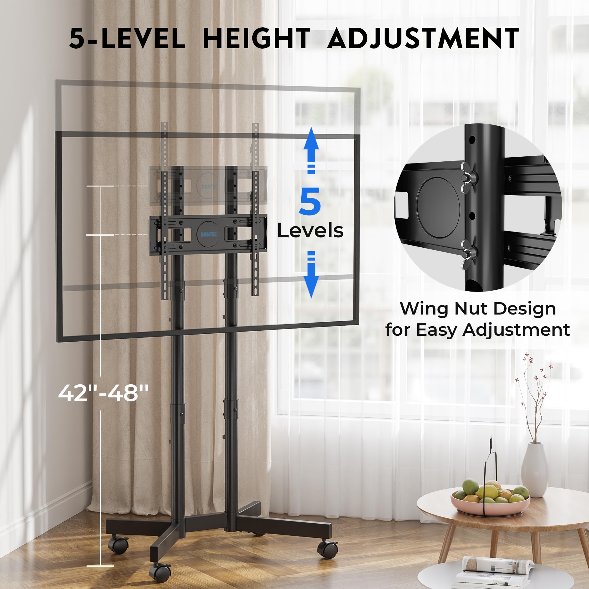 BONTEC Supporto TV da Pavimento 32-70 Pollici, Carrello Porta TV da Terra Mobile con Ruote Bloccabili 360°, Altezza Regolabile Doppia Colonna Robusta Fino a 50 kg, VESA 400x400 mm, Gestione Cavi, Nero