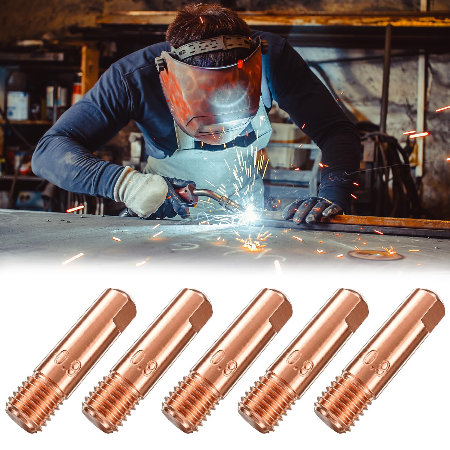 QWORK® Ugelli per saldatura 0,9 mm M6 – Set da 10 punte di contatto in rame per torce da saldatura 15AK MB15 MIG MAG, lunghezza 24 mm, accessori per saldatura per costruzioni metalliche